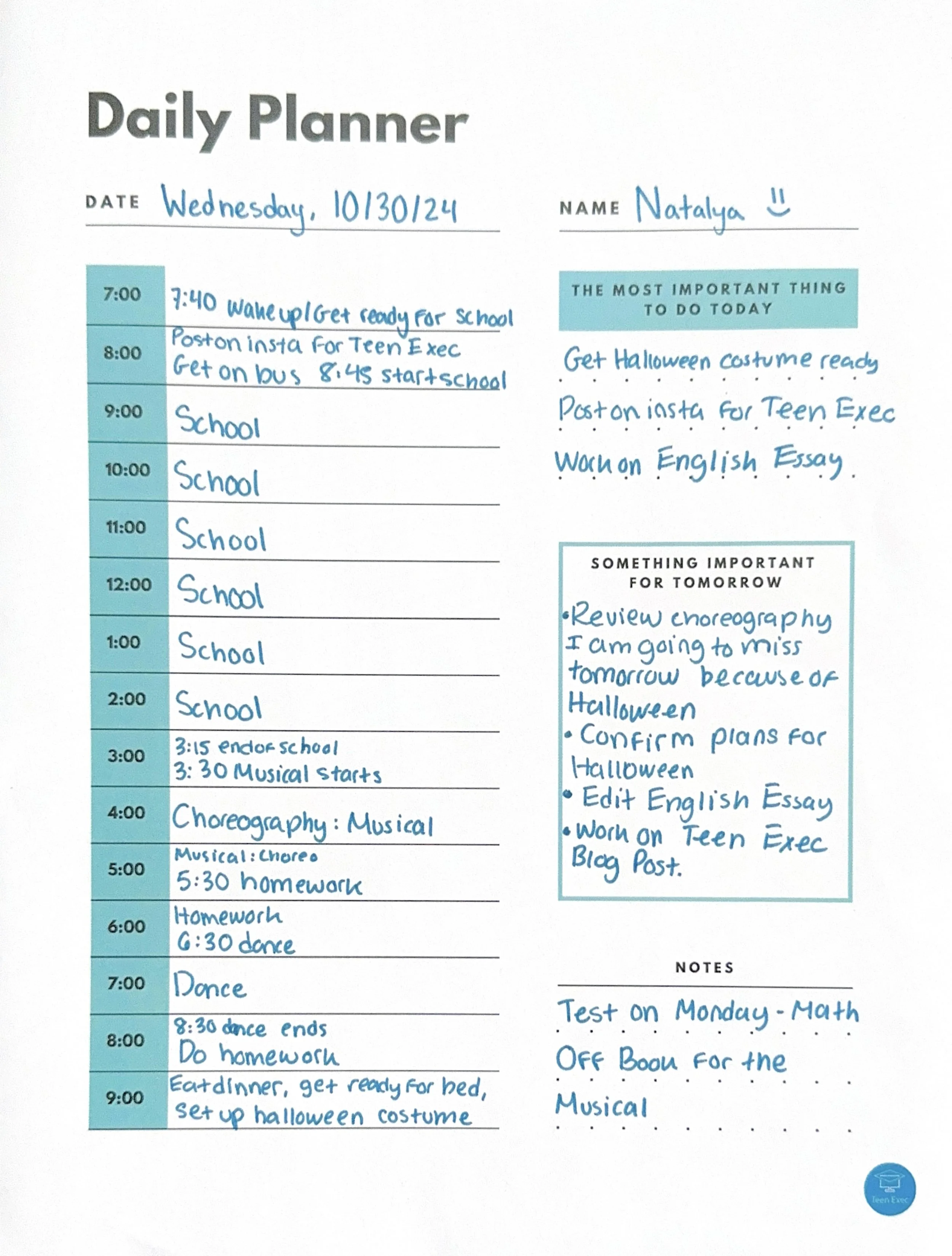 A handwritten daily planner page including scheduled times and tasks focusing on school activities, homework, and a Halloween costume. This is an example of a tool that students learn to use in a Teen Exec workshop.