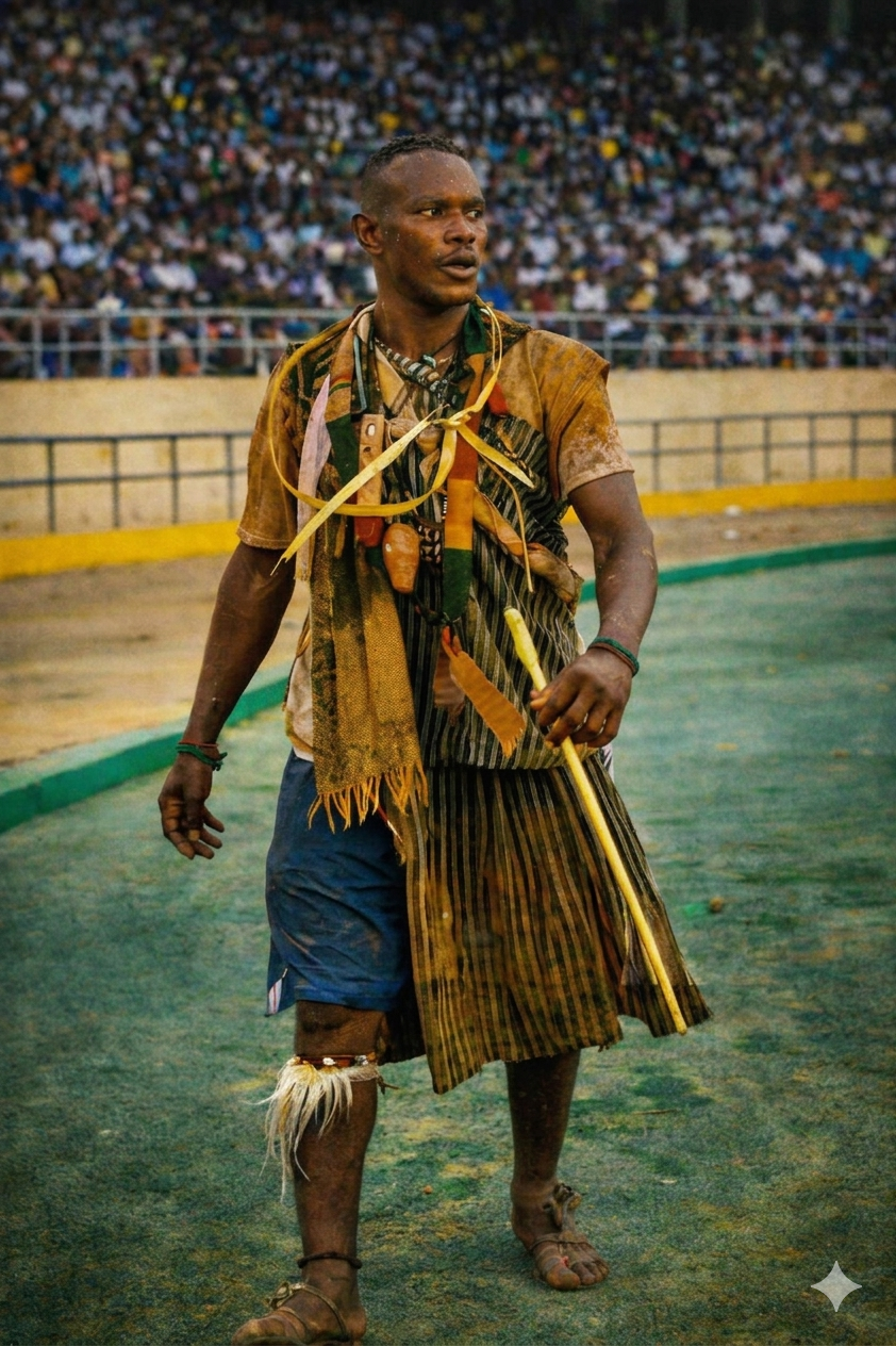GUIRO SERAS habillé en vêtements traditionnels, debout sur une piste de terrain, avec un public nombreux en arrière-plan.