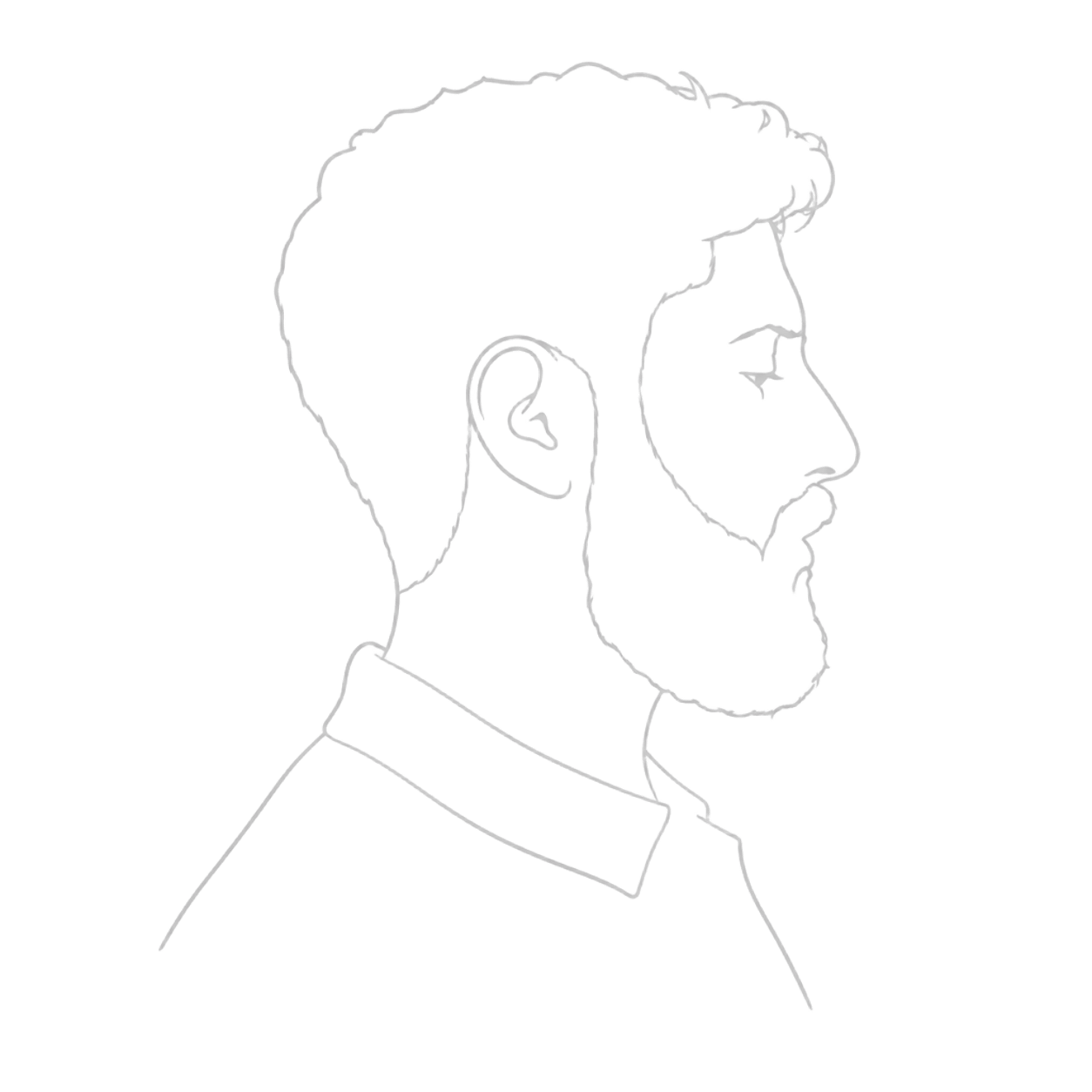Lijntekening van een profiel van een man met een baard, kort haar en een shirt met kleine kraag.