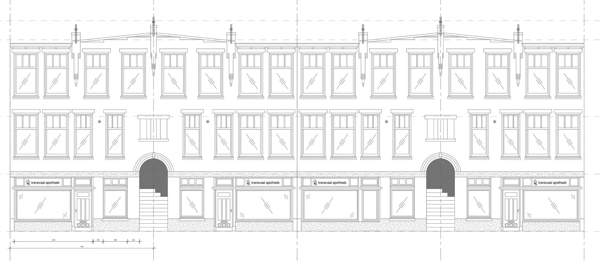 Een technische tekening van een gebouw met meerdere verdiepingen, ramen en deuren, inclusief details zoals trappen en winkelruiten.