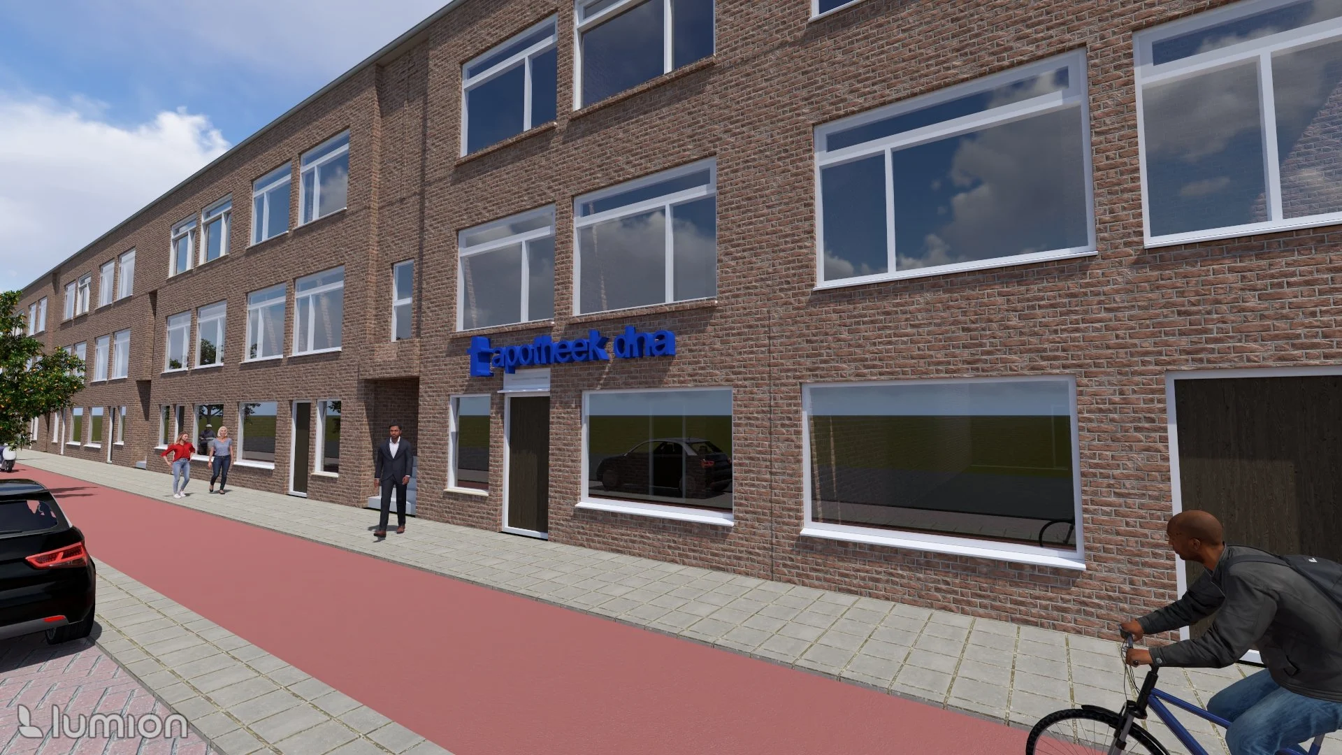 Een moderne, vierverdiepingen tellende gebouw met een bakstenen gevel en grote ramen, met een blauwe tekstborden 'apotheek dha' boven de ingang, mensen wandelen en fietsen langs de straat, enkele auto's geparkeerd, en een blauwe fietser op de voorgro