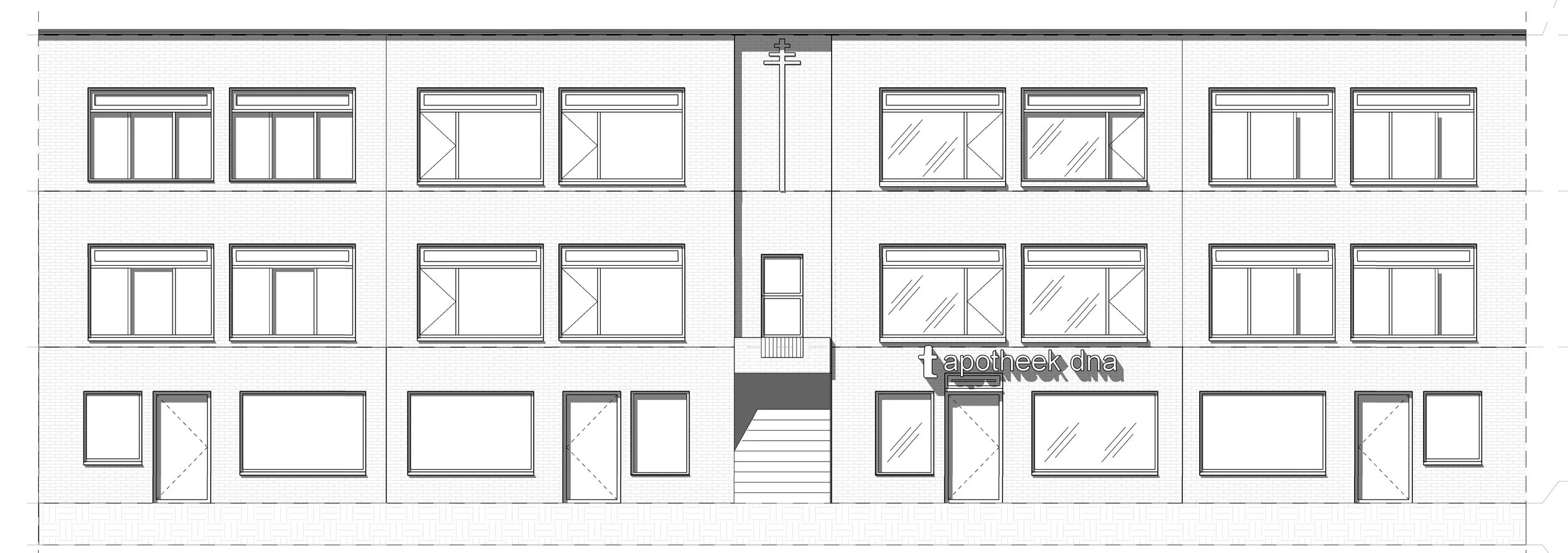 Tekening van een appartementsgebouw met vier verdiepingen, ramen en een ingang. Er is een apotheek op de begane grond met de naam 'apotheek dna'.
