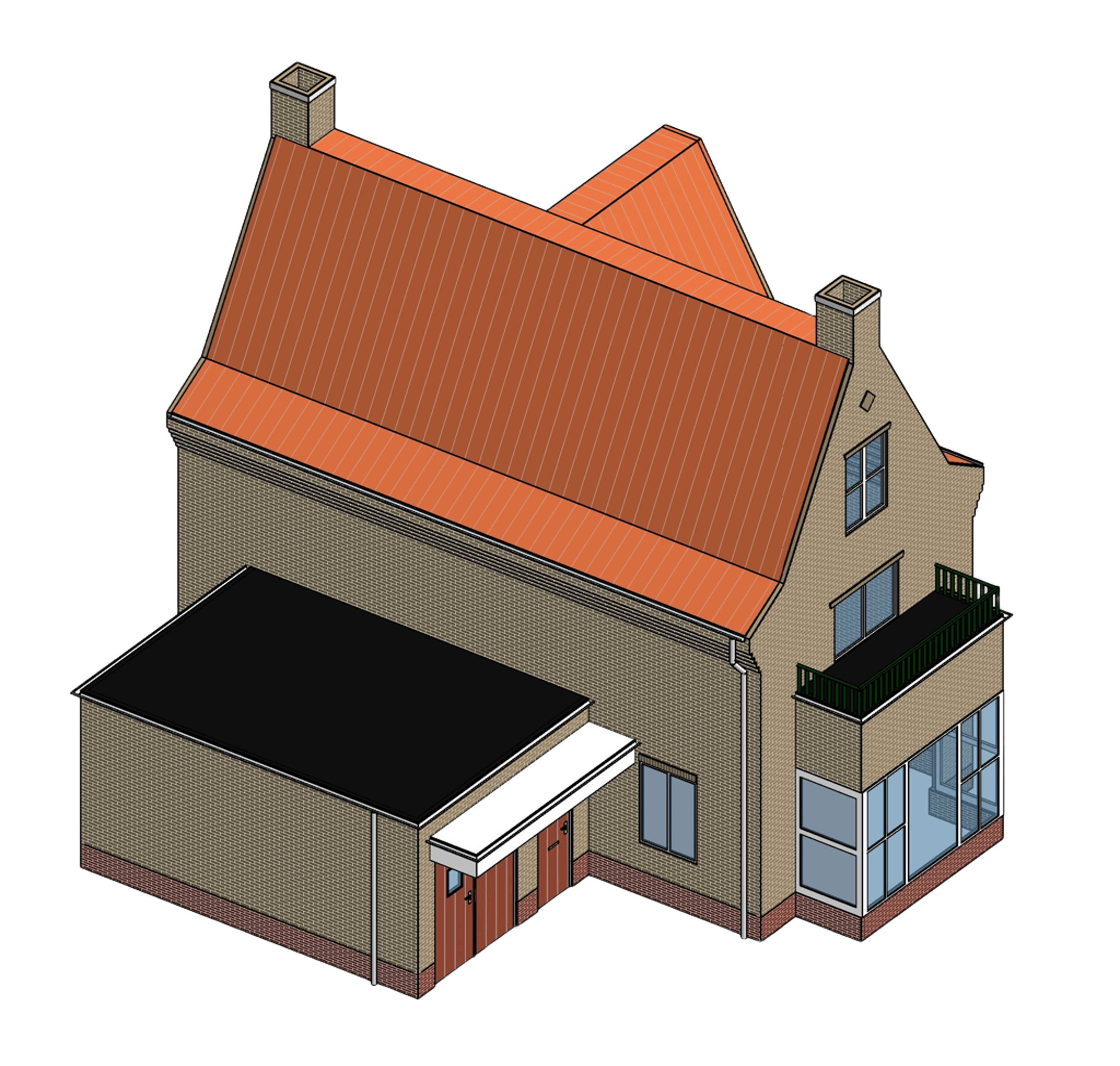 Isometrisch beeld van een modern huis met rood tegeldak, stenen muren en grote ramen, inclusief dakterras en schoorsteen.