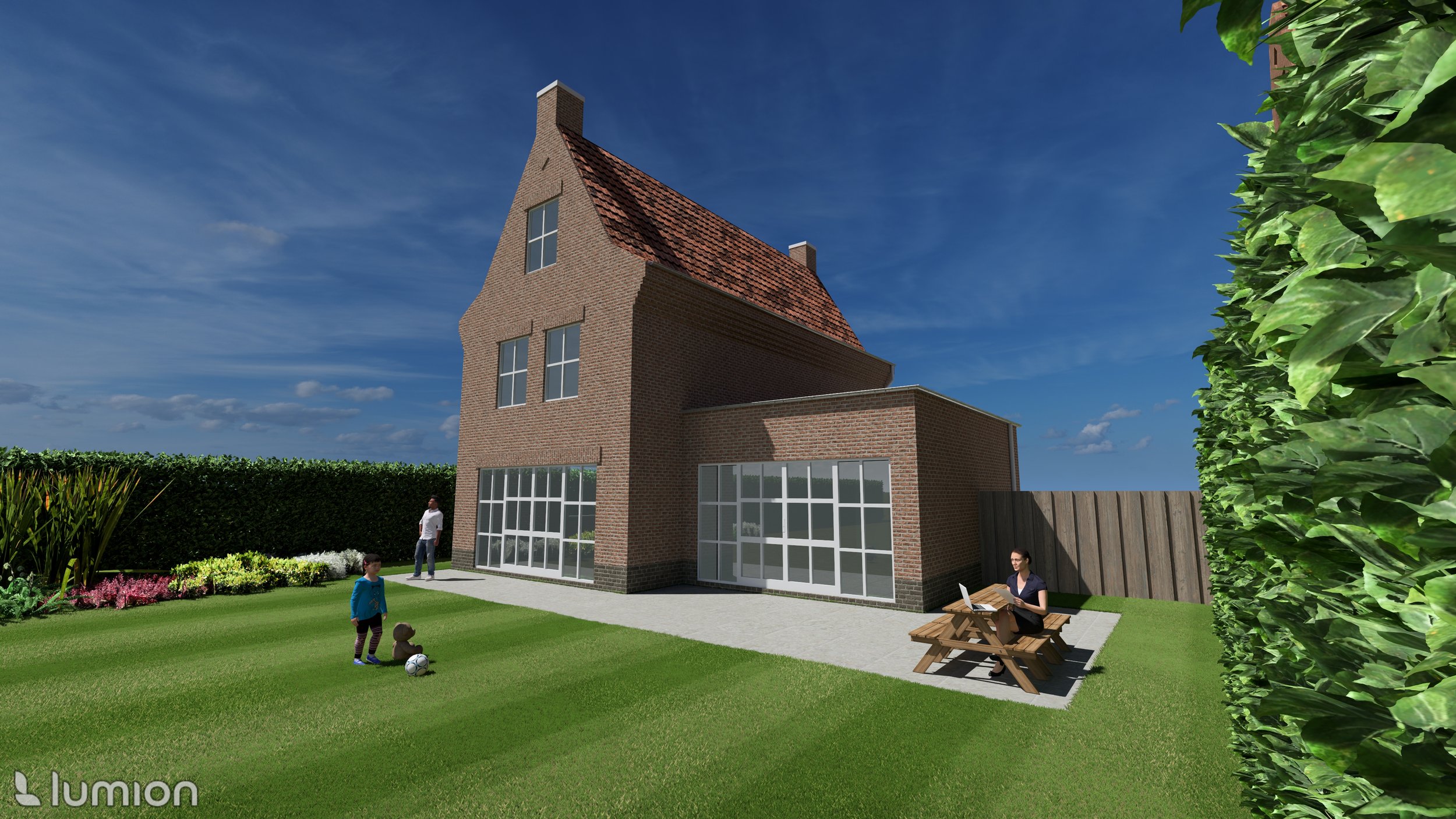 Een futuristische woning met grote ramen en een rood bouwmodel, omringd door een tuin met kinderen die spelen, een vrouw die op een bankje zit en een man die buiten staat onder een blauwe hemel.