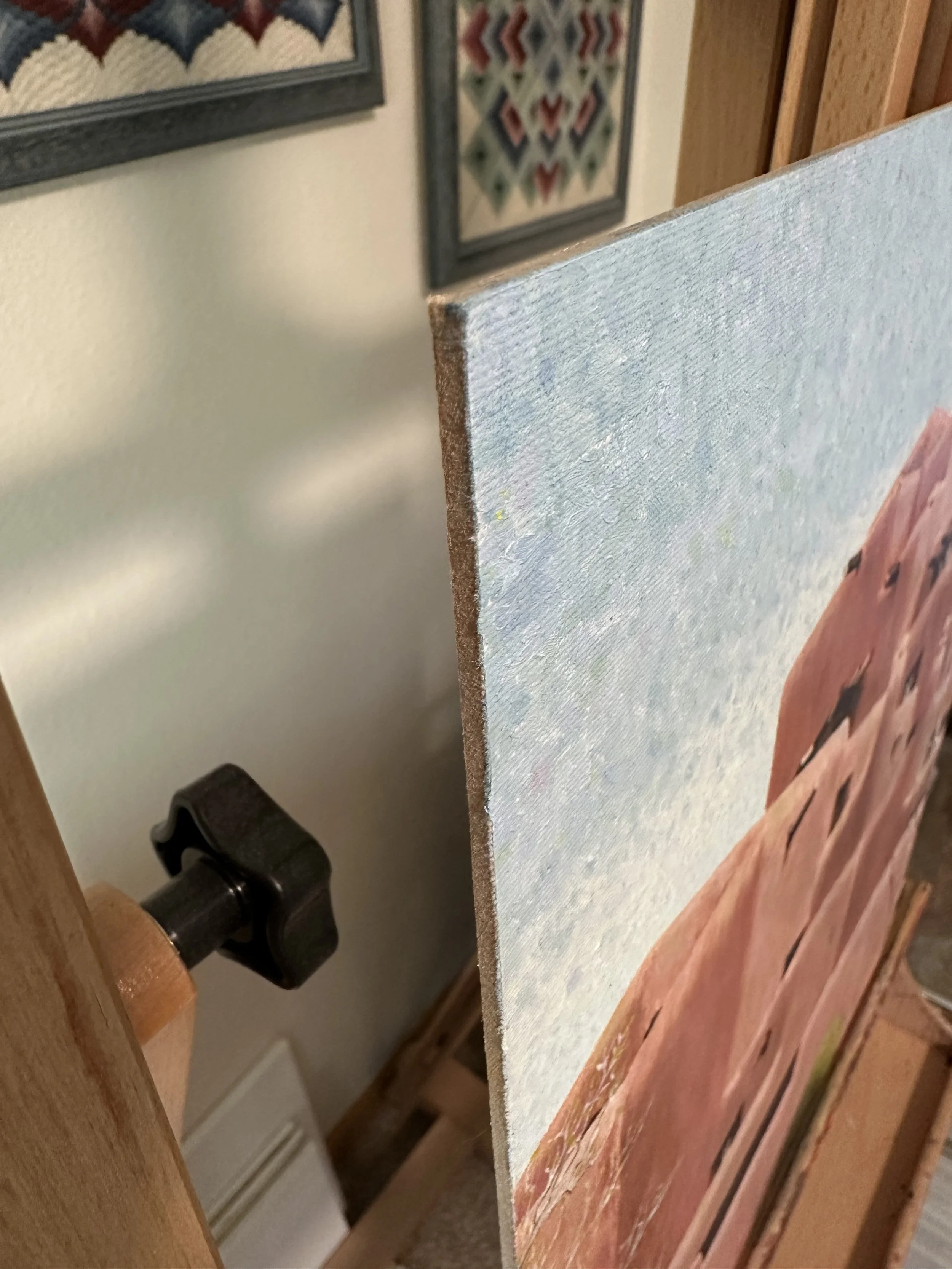 The side edge of a palette knife  oil painting of the Inn and Spa at Loretto in Santa Fe, New Mexico.