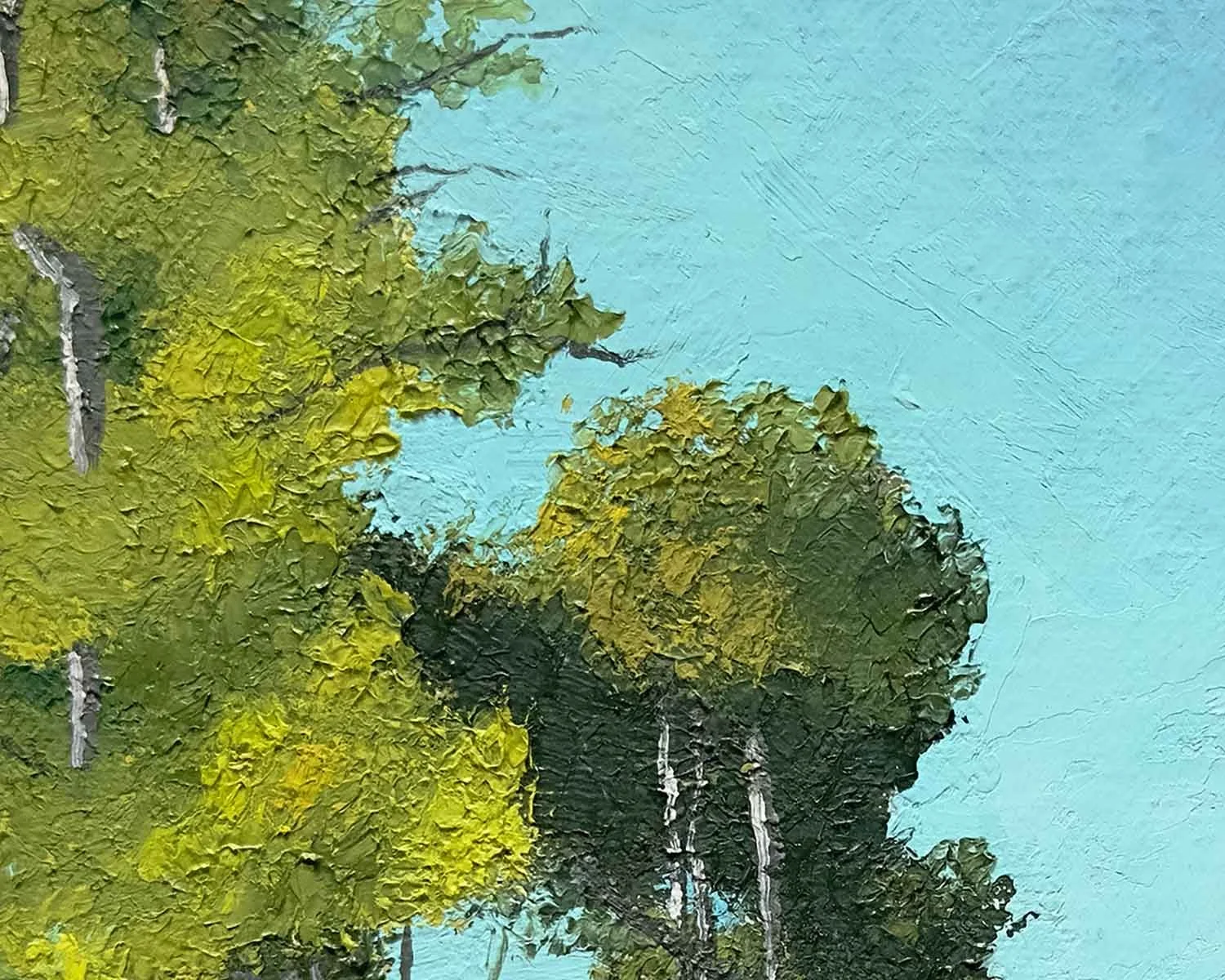 A close up of a giclée fine art print of a palette knife oil painting of a path through trees near Vail, Colorado.