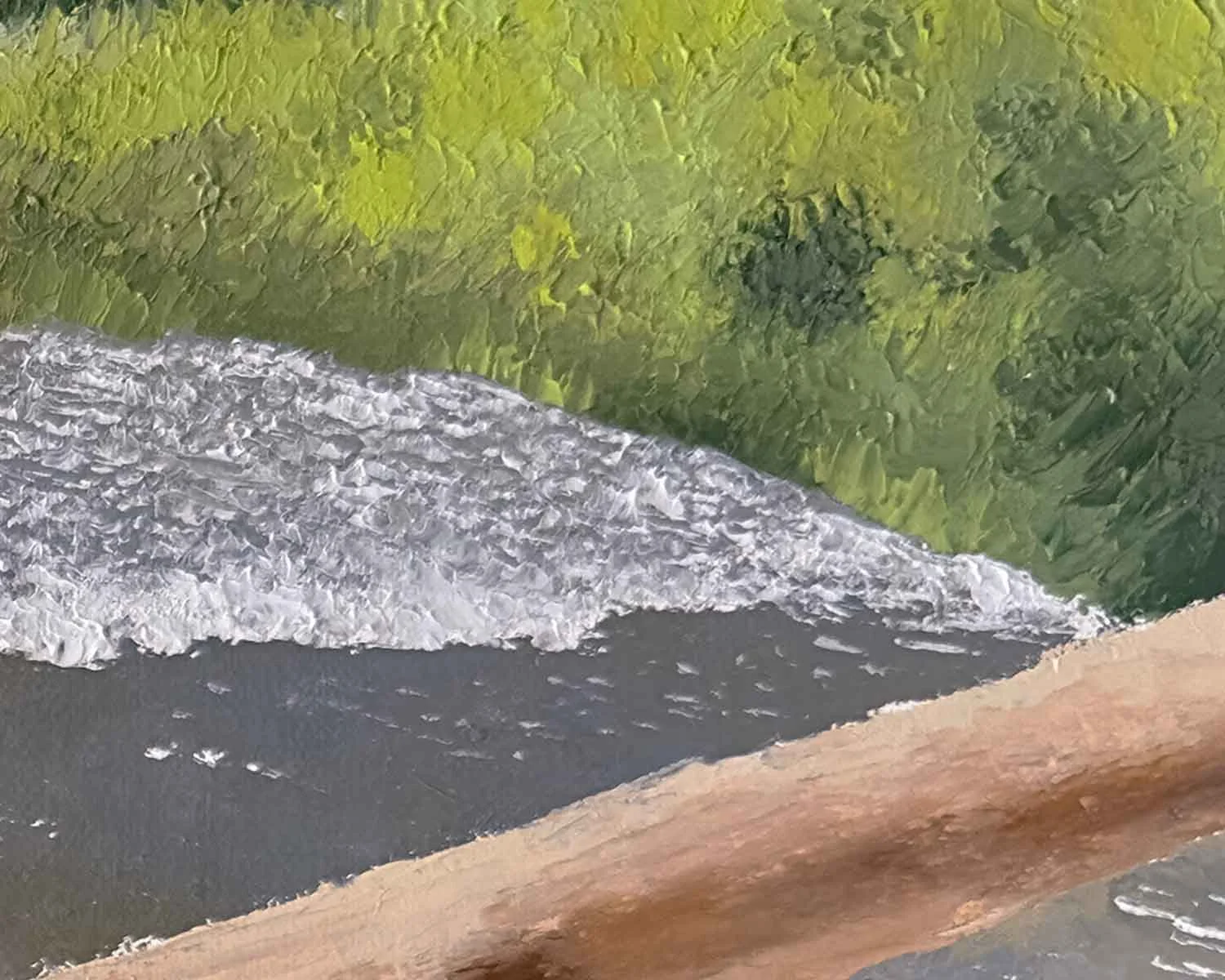 A close up of an original palette knife oil painting of Jenny Lake in Grand Teton National Park.