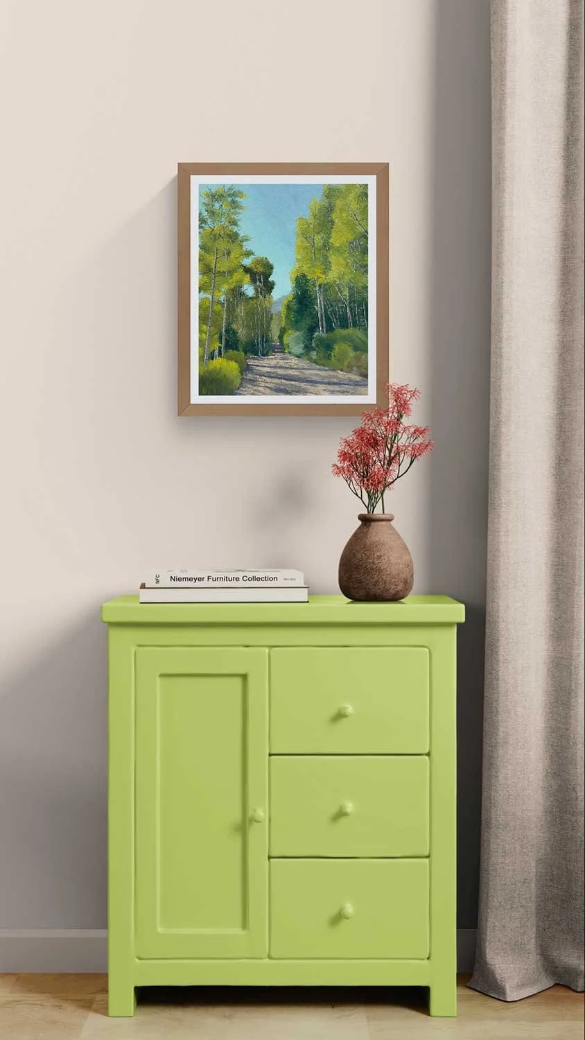 A framed giclée fine art print of a palette knife oil painting of a path through the trees near Vail, Colorado.
