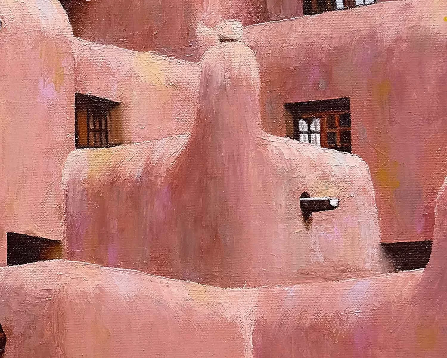 A close up of a palette knife oil painting of the Inn and Spa at Loretto in Santa Fe, New Mexico.
