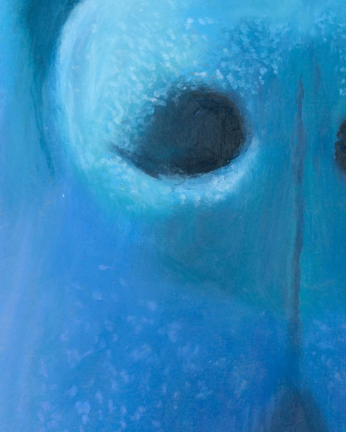 A close up of a painting of a Labrador retriever in blue.
