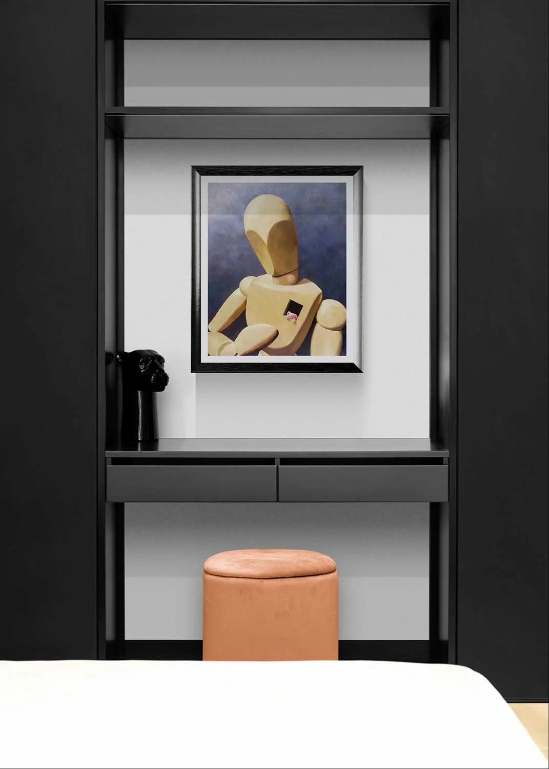 A framed palette knife oil painting of a wooden doll looking down at a pink stuffed rabbit.