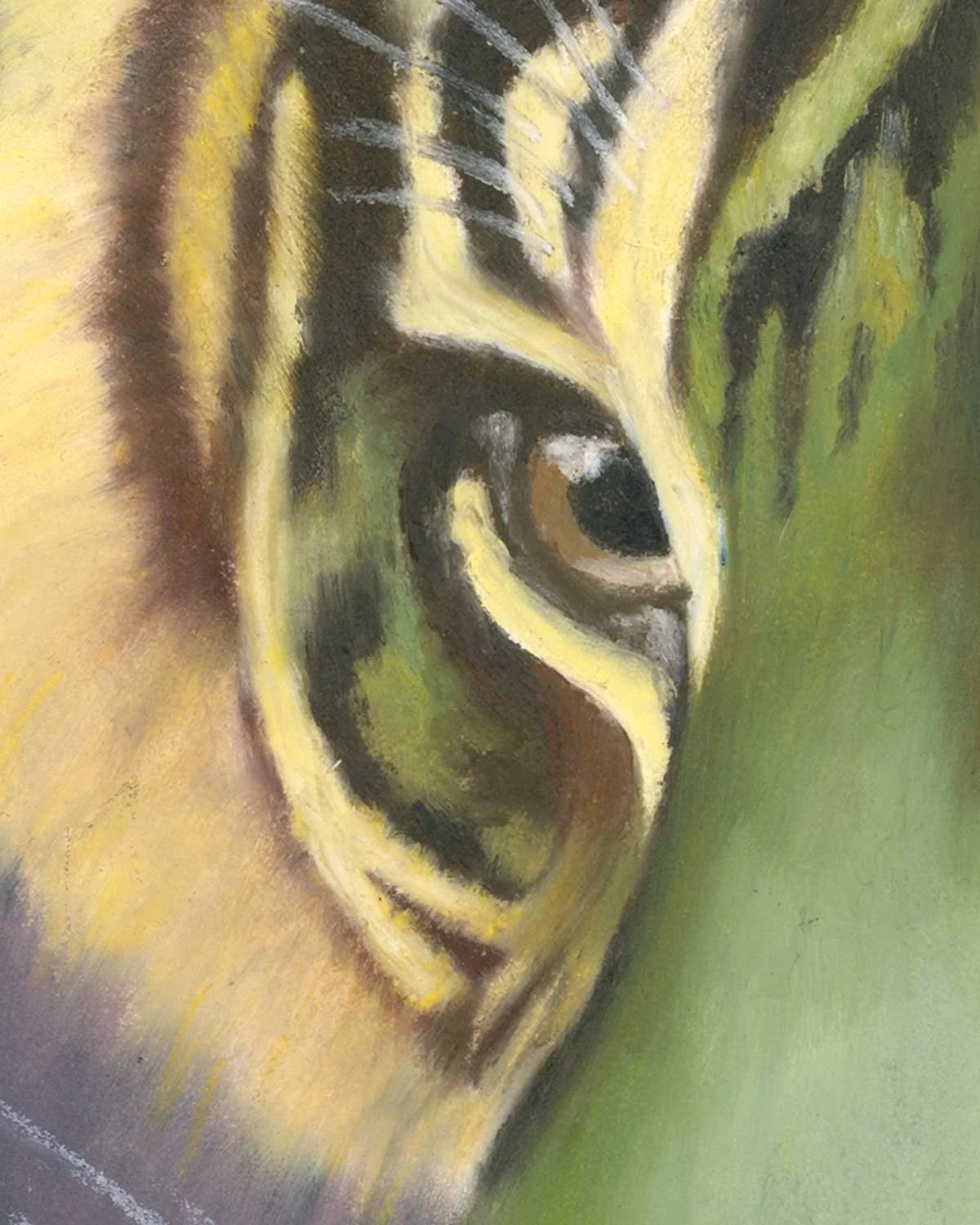 A close up of an oil pastel painting of a tiger in yellow and green.