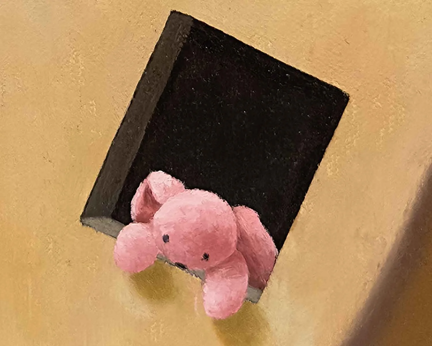 A close up of a palette knife oil painting of a wooden doll looking down at a pink stuffed rabbit.