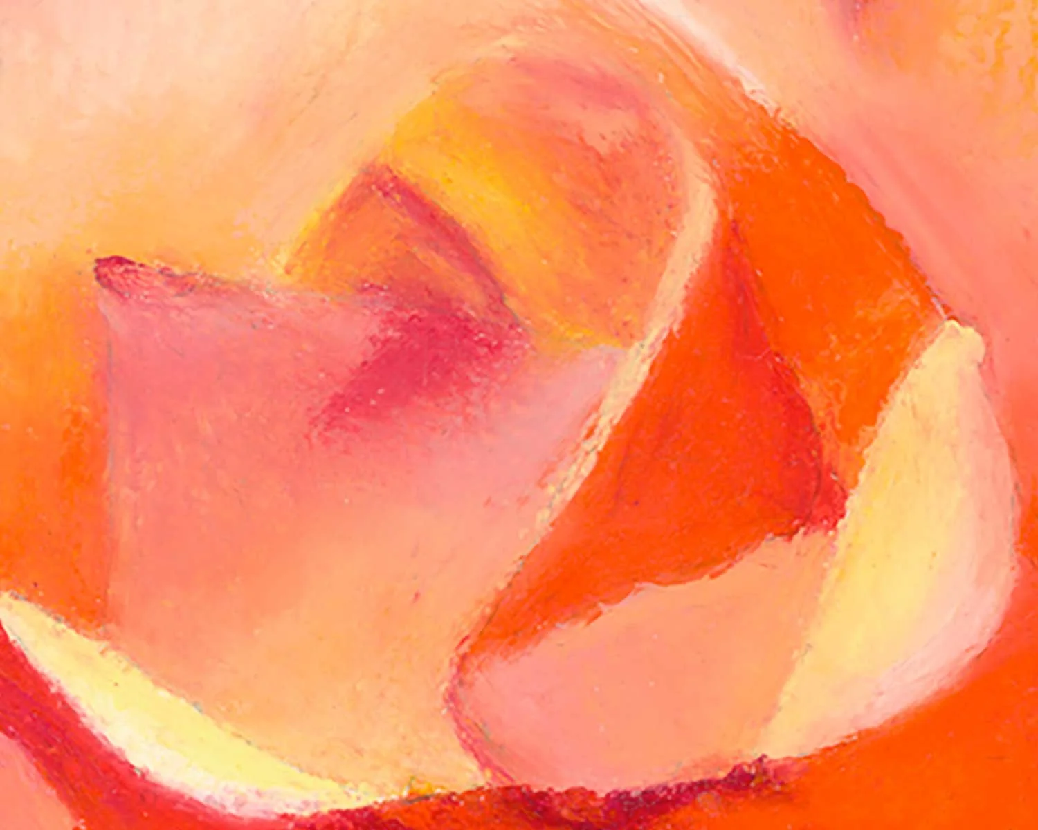 A close up of an oil pastel painting of an orange rose against a blue background.