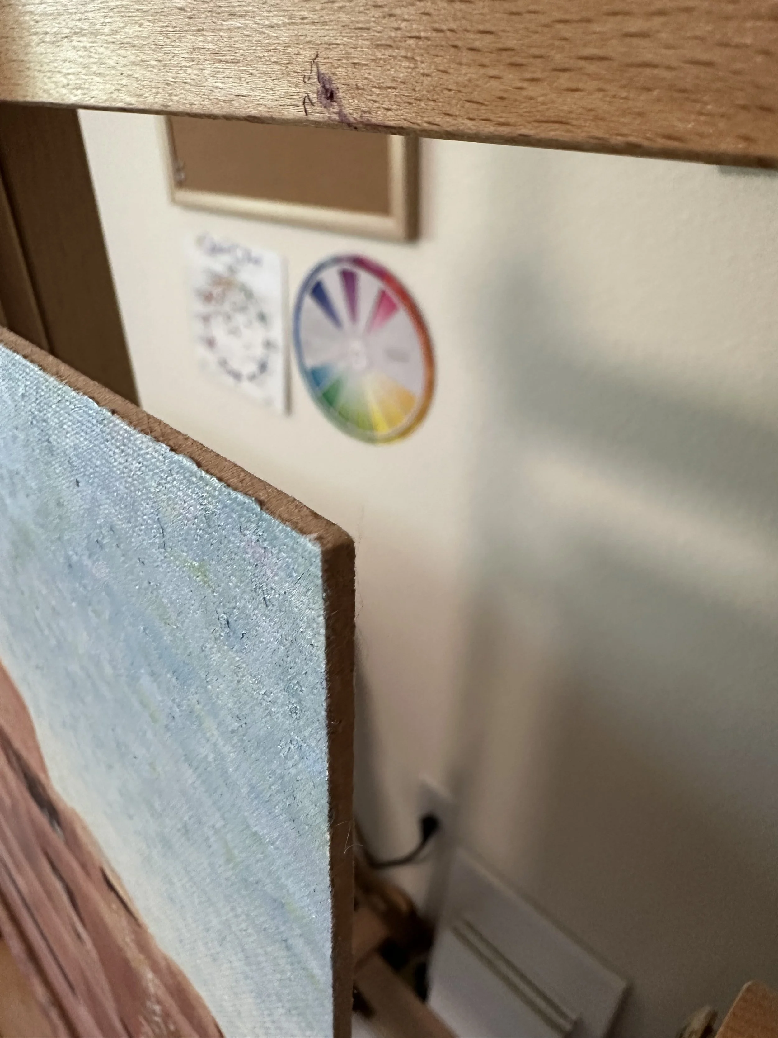 The side edge of a palette knife oil painting of the Inn and Spa at Loretto in Santa Fe, New Mexico.