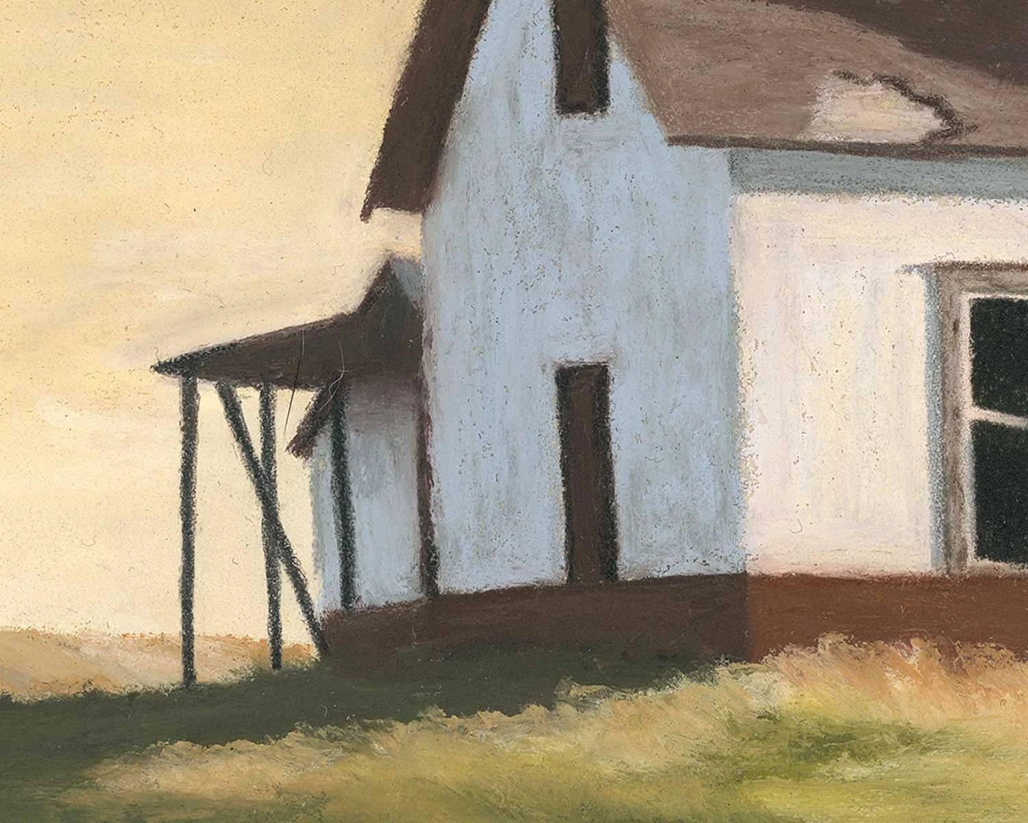 A close up of an oil pastel painting of an abandoned house in a field.