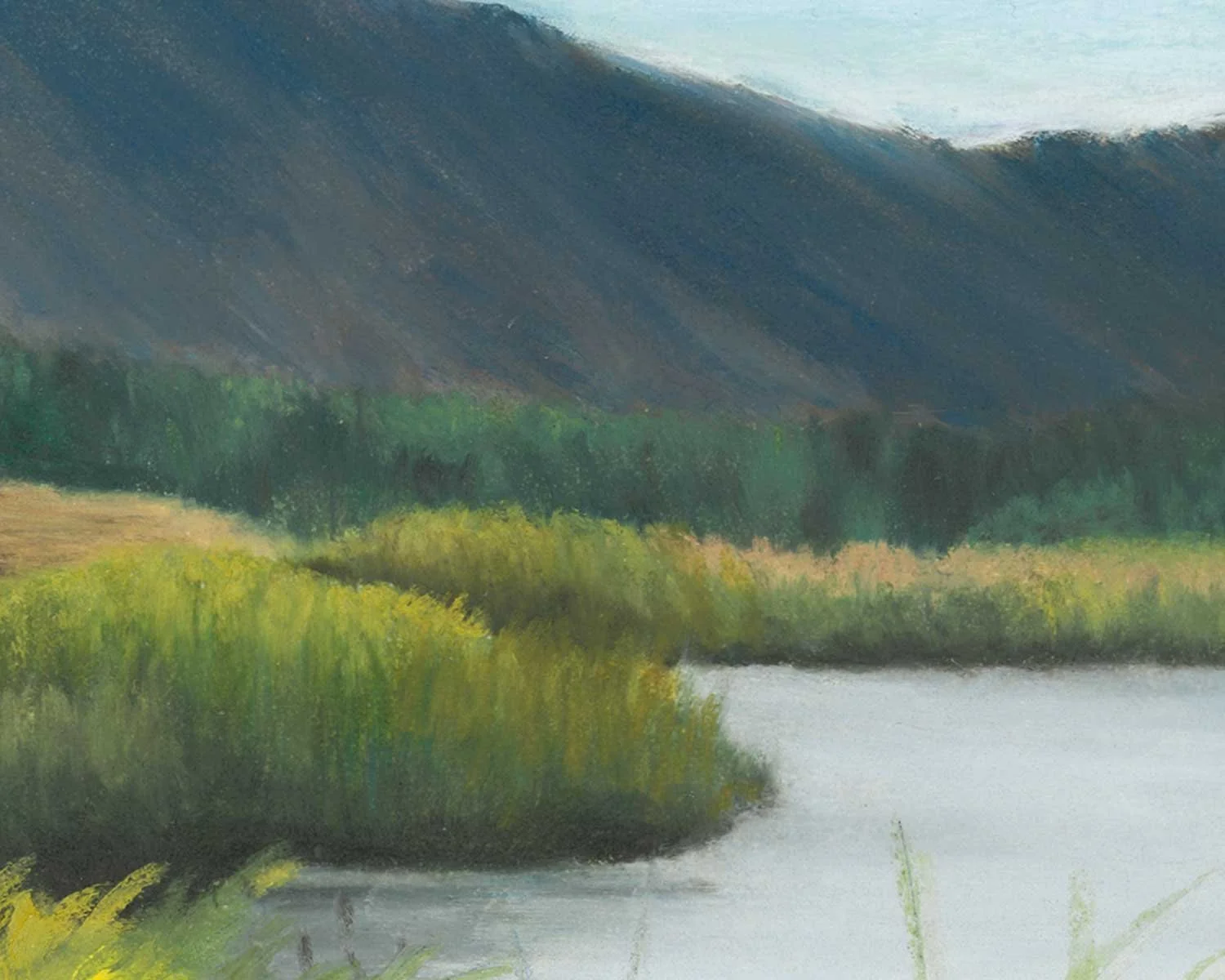 A close up of an oil pastel painting of a fishing hole near Pocatello, Idaho.
