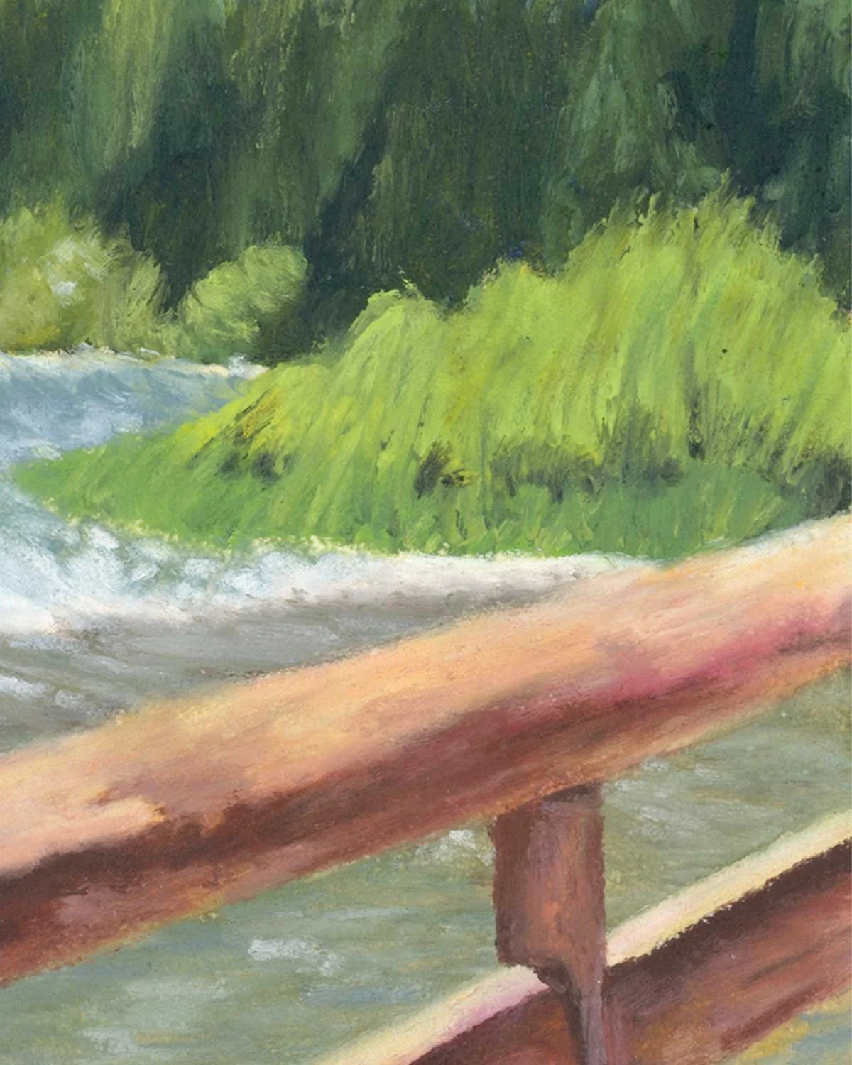 A close up of an oil pastel painting of Jenny Lake in Grand Teton National Park.