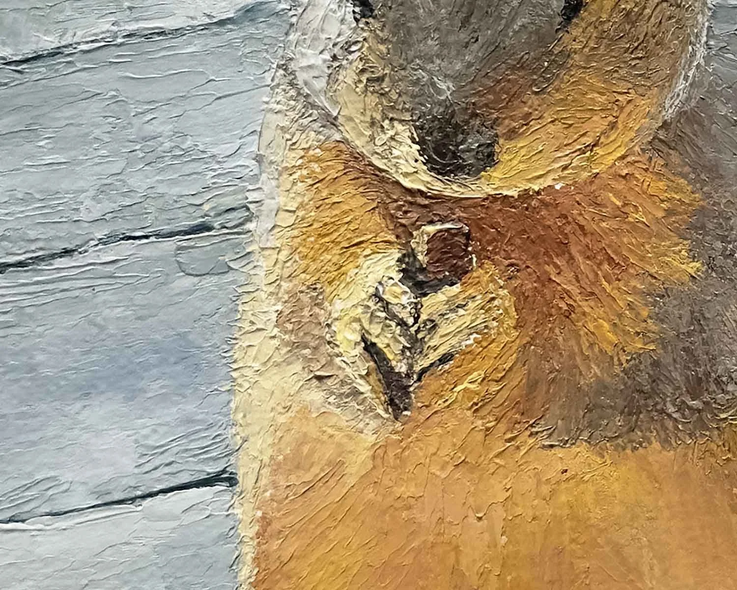 A close up of a palette knife oil painting of a squirrel eating a pecan.
