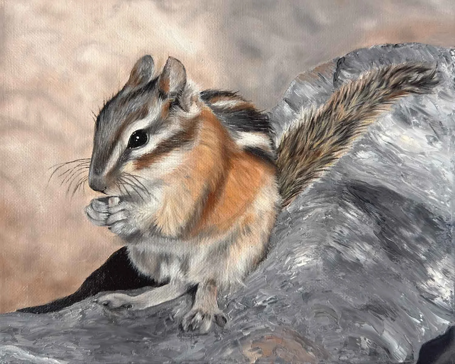 An original oil painting of a chipmunk at Sapphire Point in Summit County, Colorado.