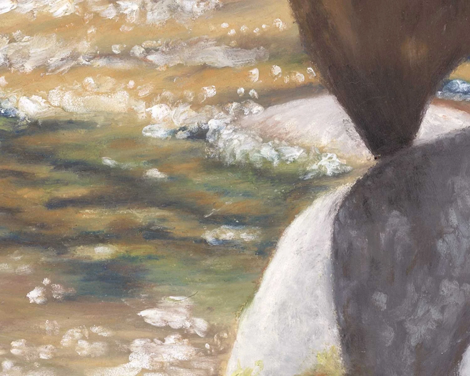 A close up of an oil pastel painting of rock balancing in a river near Vail, Colorado.