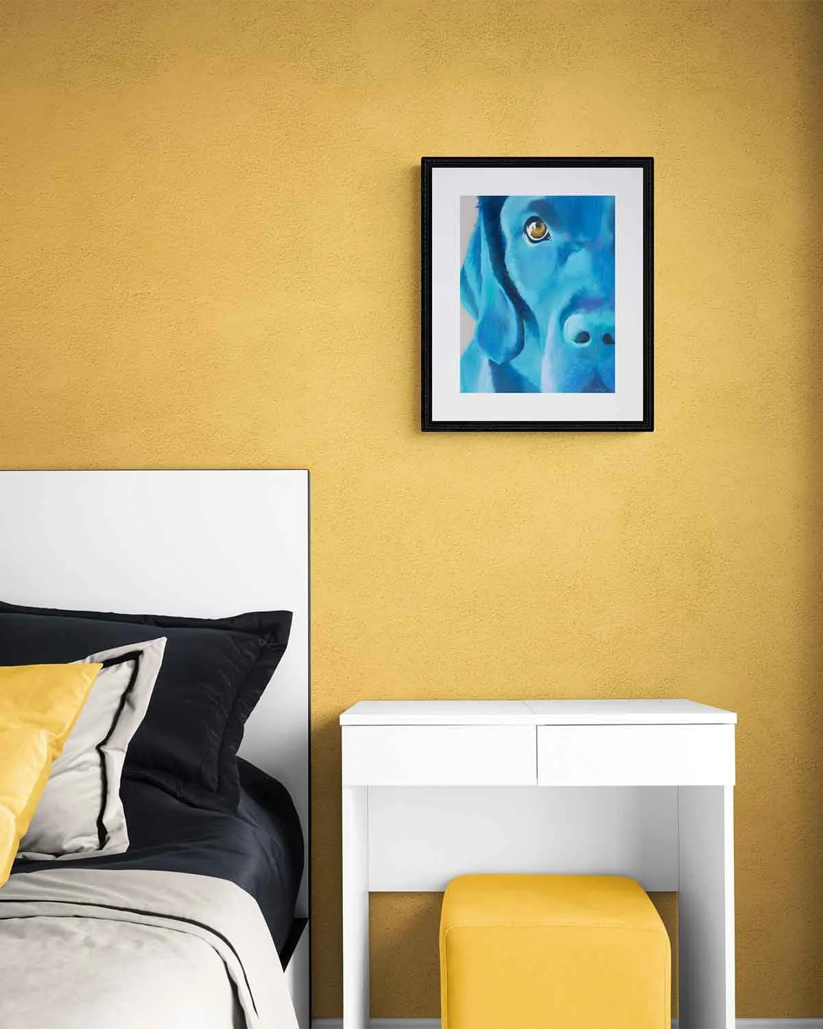 A framed oil pastel painting of a blue Labrador retriever.