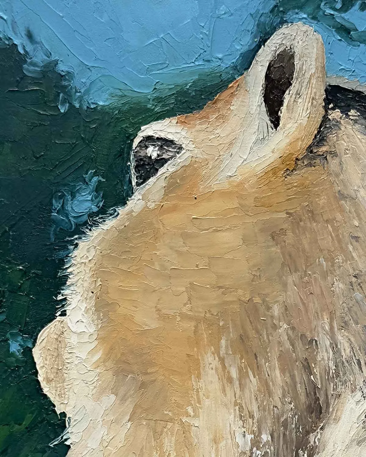 A close up of a giclée fine art print of a palette knife oil painting of a chipmunk at Sapphire Point in Summit County, Colorado.