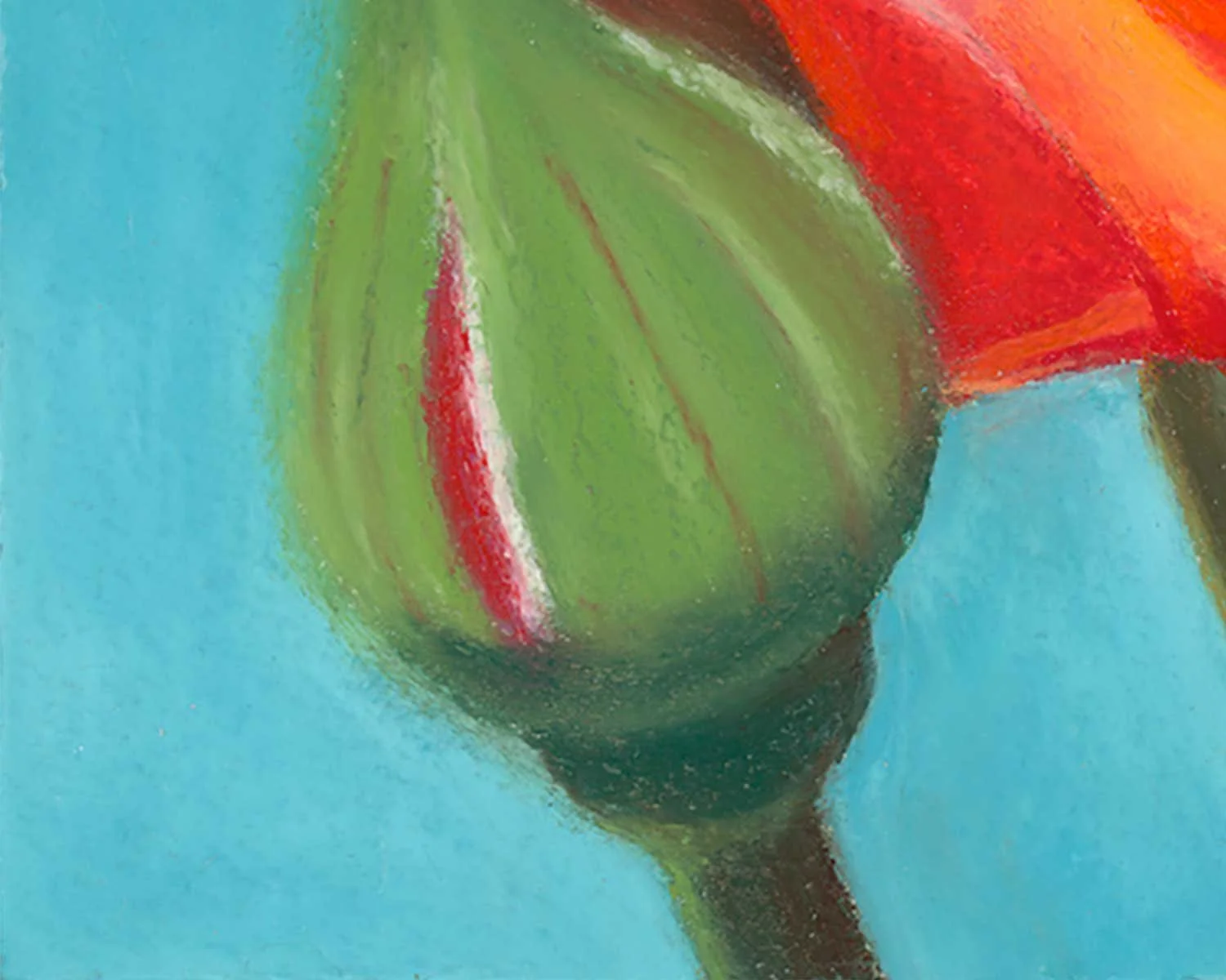A close up of an oil pastel painting of an orange rose against a blue background.