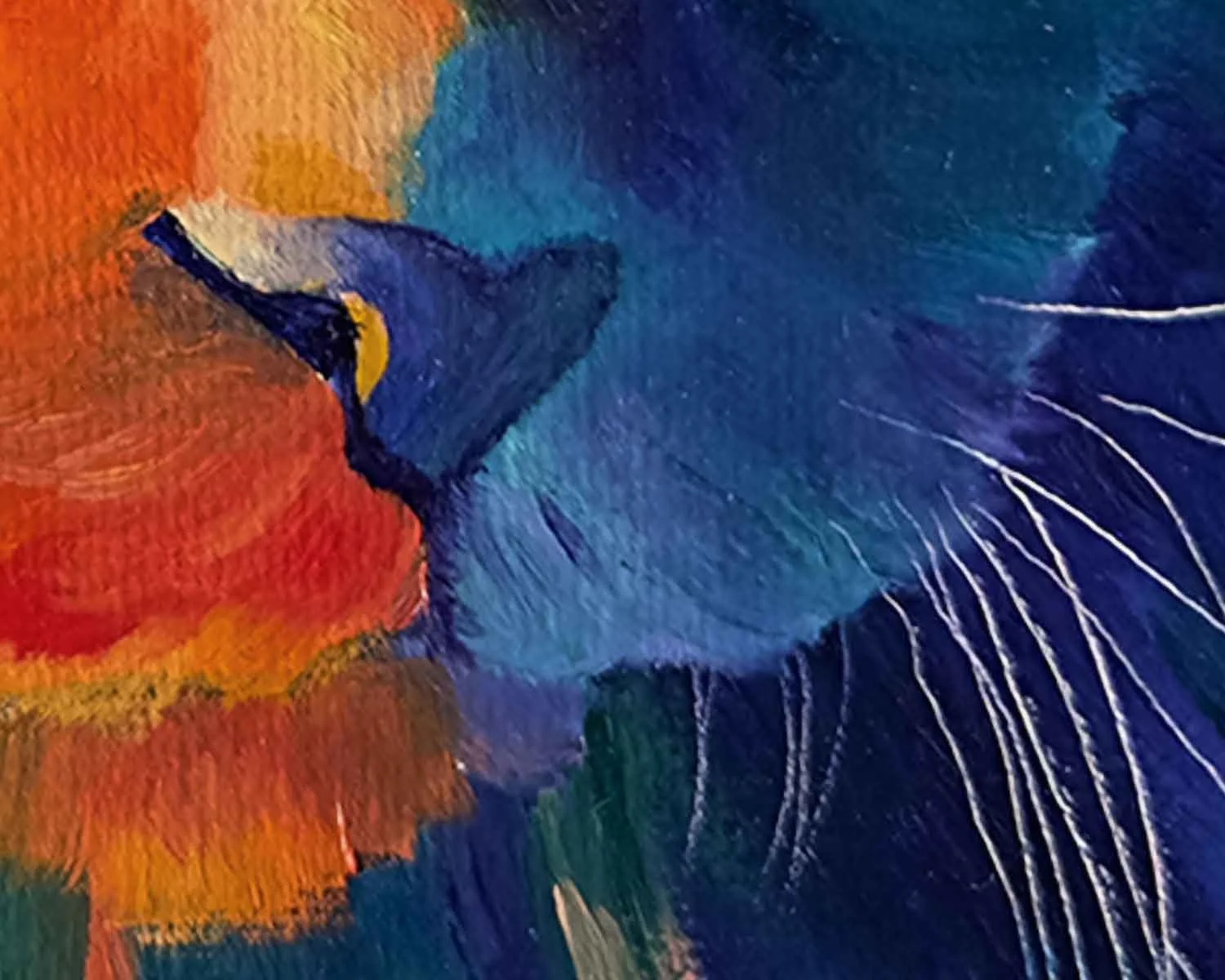 A close up of an oil painting of a cat done in warm and cool colors.