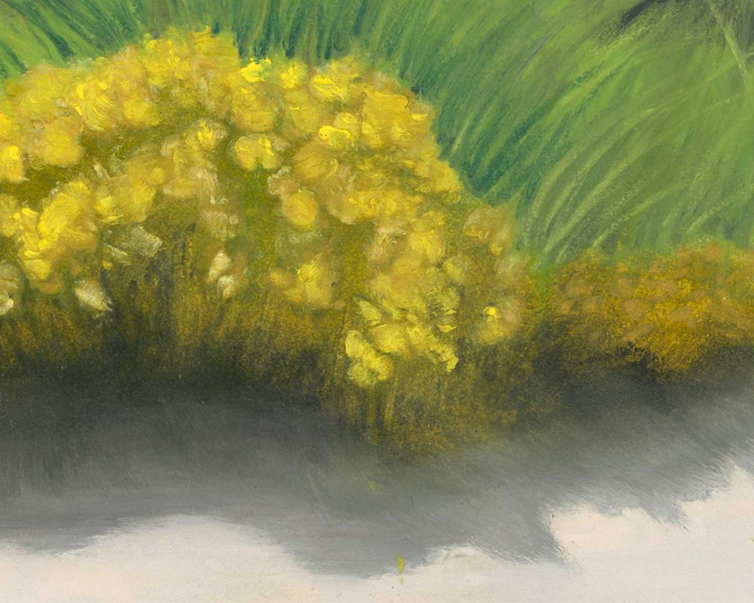 A close up of an oil pastel painting of a fishing hole near Pocatello, Idaho.
