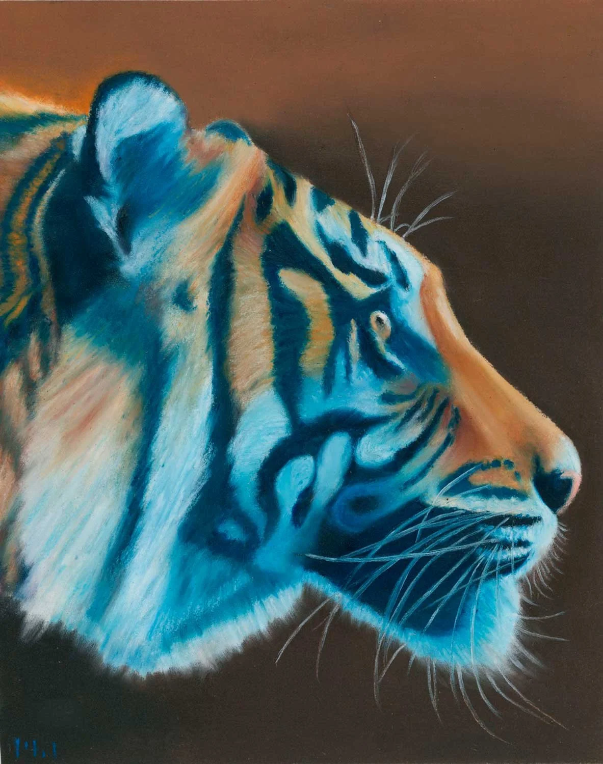 oil pastel painting of the side profile of a tiger