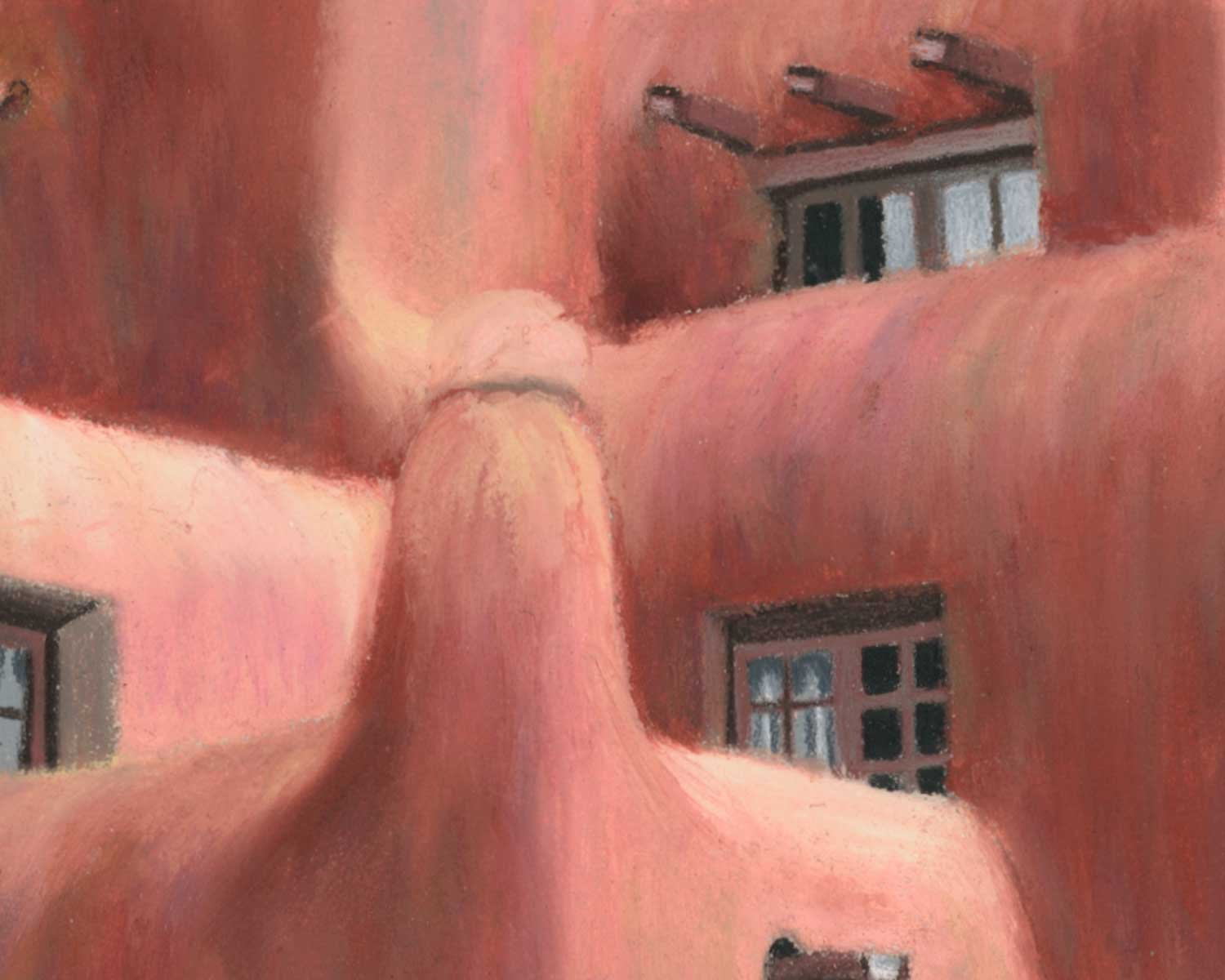 A close up of an oil pastel painting of the Inn and Spa at Loretto in Santa Fe, New Mexico.