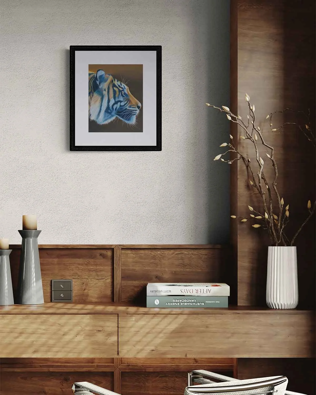 A framed oil pastel painting of a blue and orange tiger.