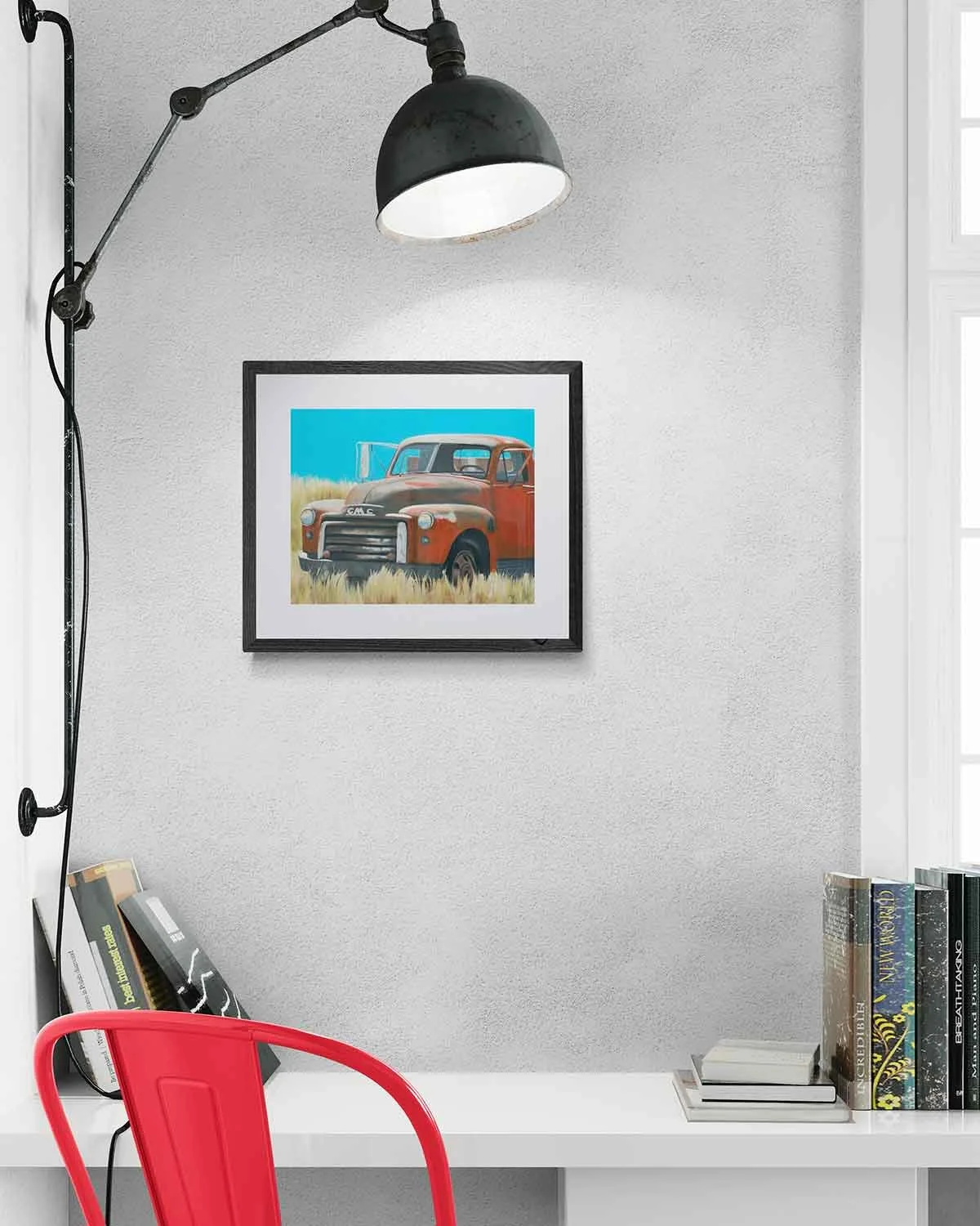 A framed oil pastel painting of a vintage collector pickup truck in a field.