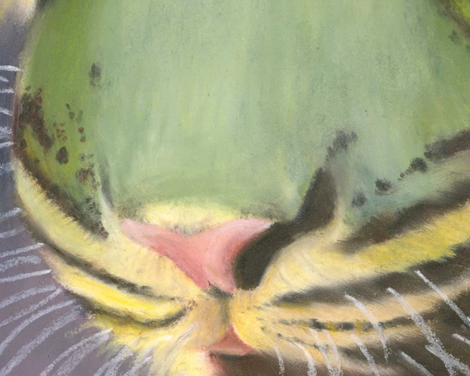 A close up of an oil pastel painting of a tiger in yellow and green.