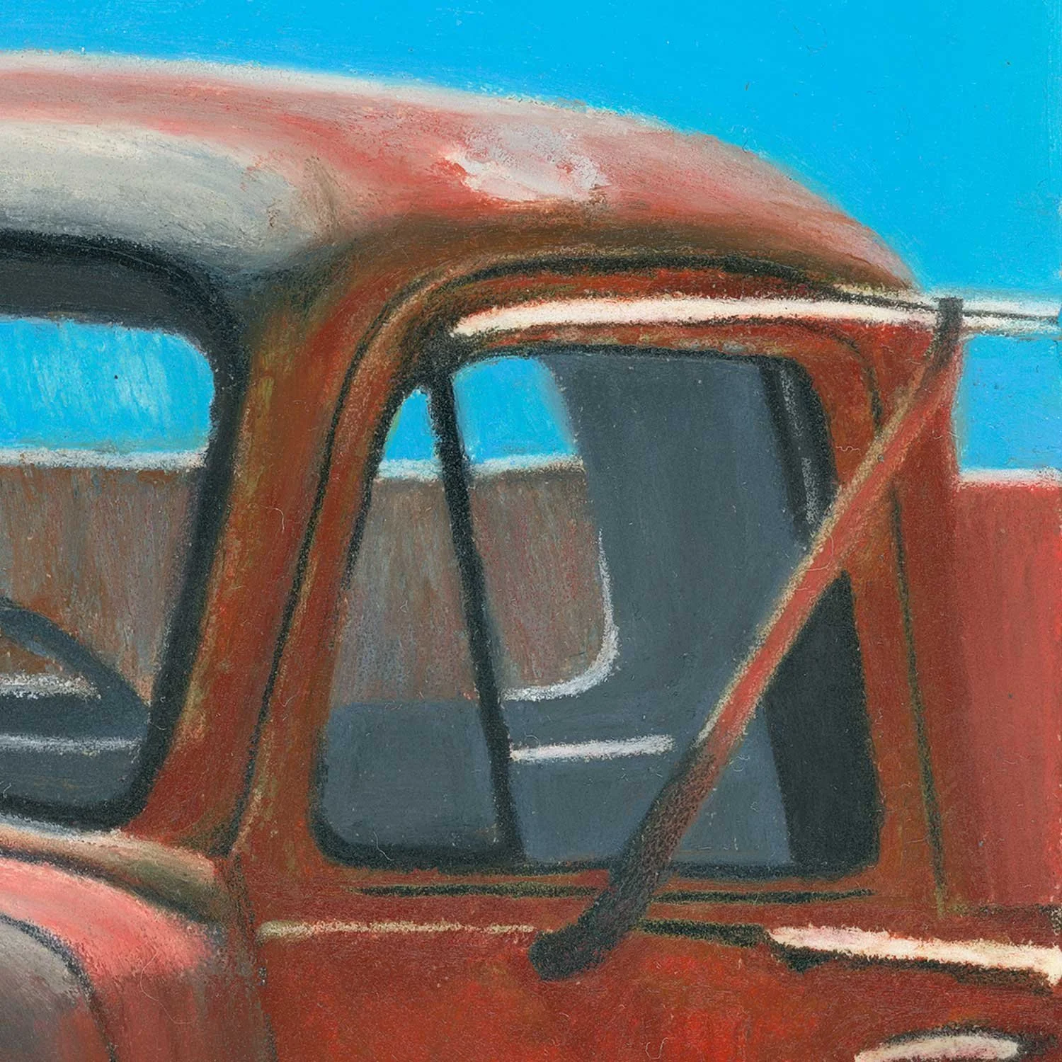 A close up of an oil pastel painting of a vintage collector GMC pickup truck in a field.