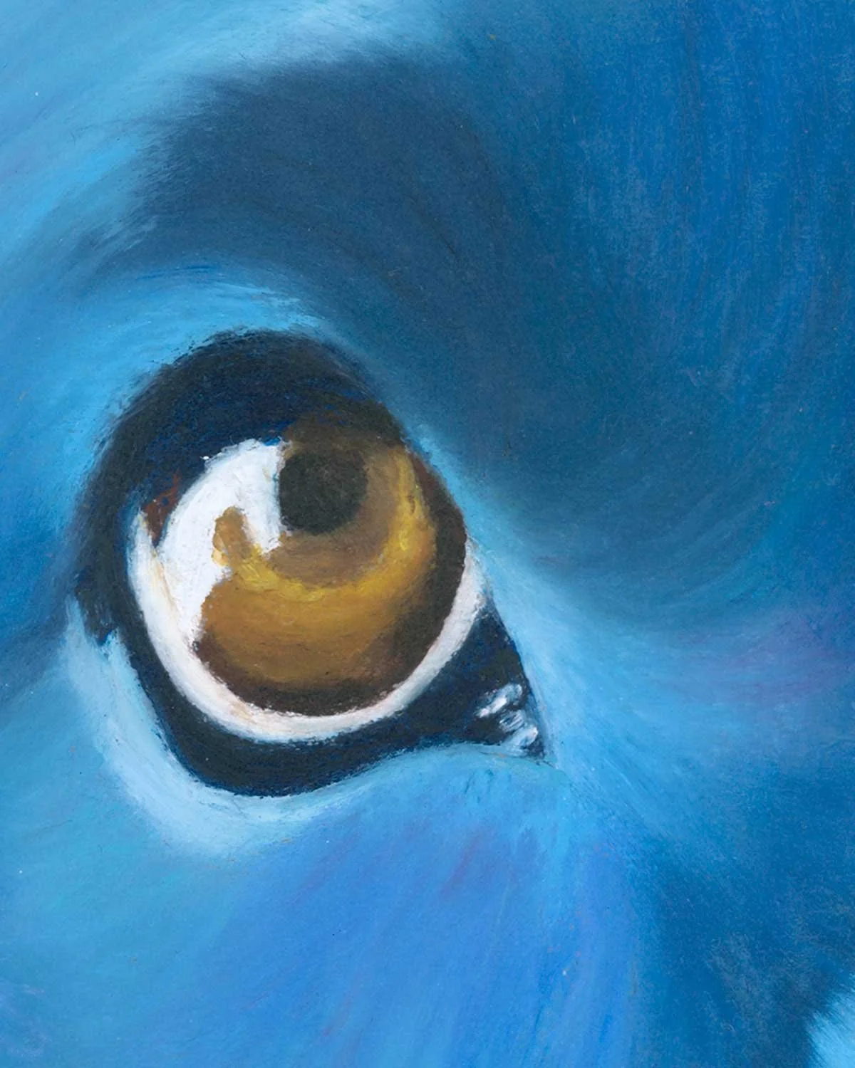 A close up of an oil pastel painting of a Labrador retriever in blue.