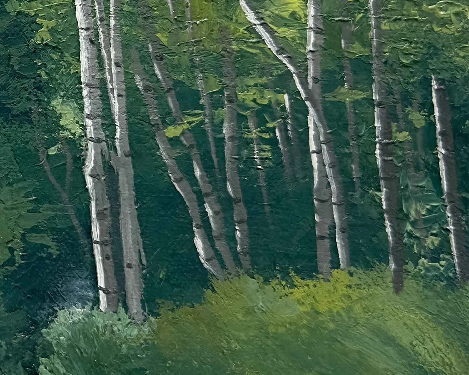 A close up of a giclée fine art print of a palette knife oil painting of a path through trees near Vail, Colorado.