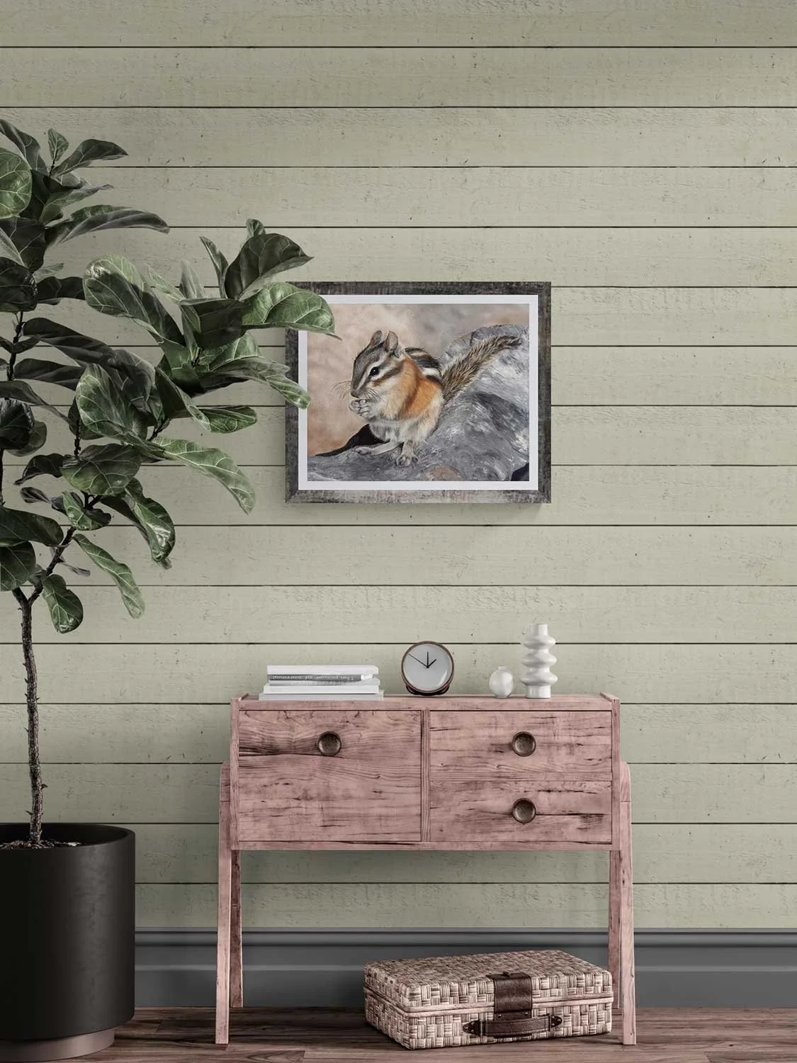 A framed giclée fine art print of an oil painting of a chipmunk at Sapphire Point in Summit County, Colorado.