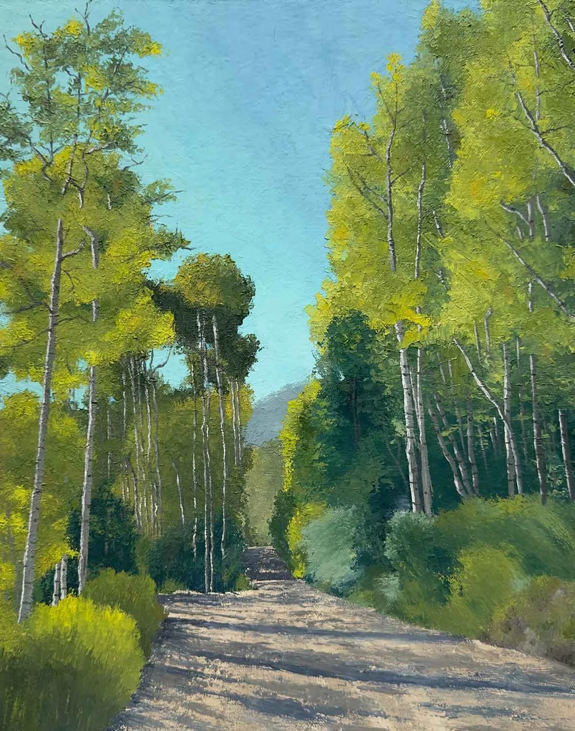 An original palette knife oil painting of a hiking path through trees in Vail, Colorado.
