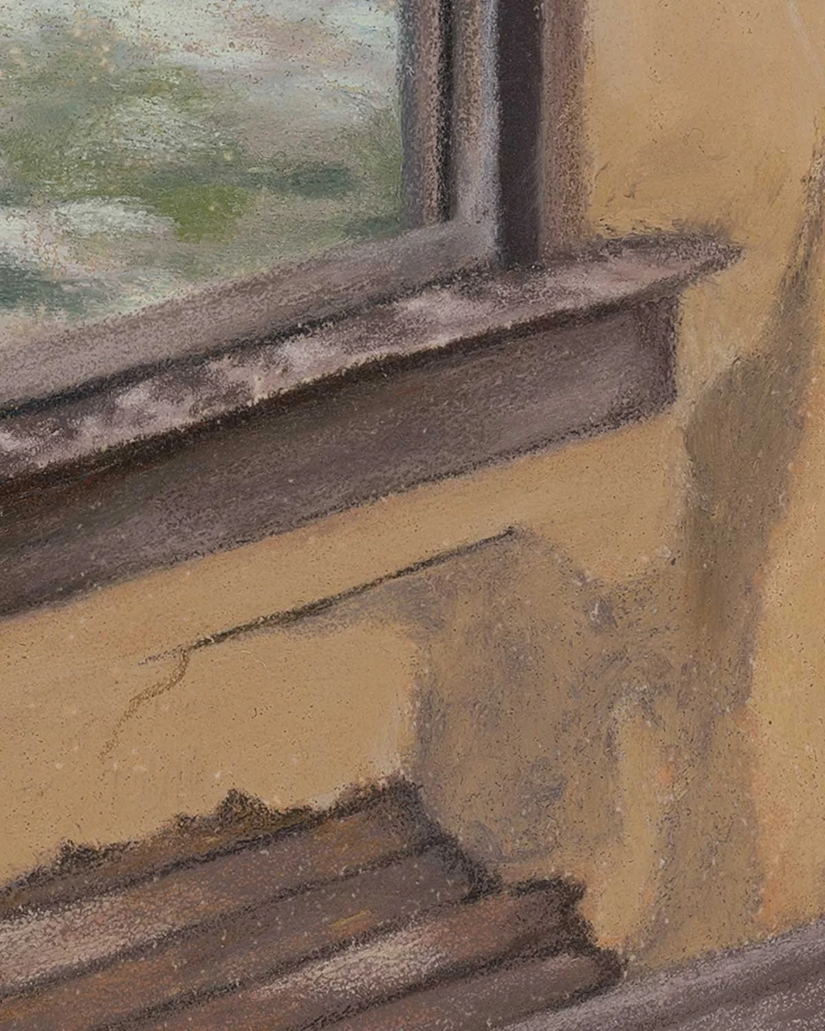 A close up of an oil pastel painting of the view out a window in an abandoned house.