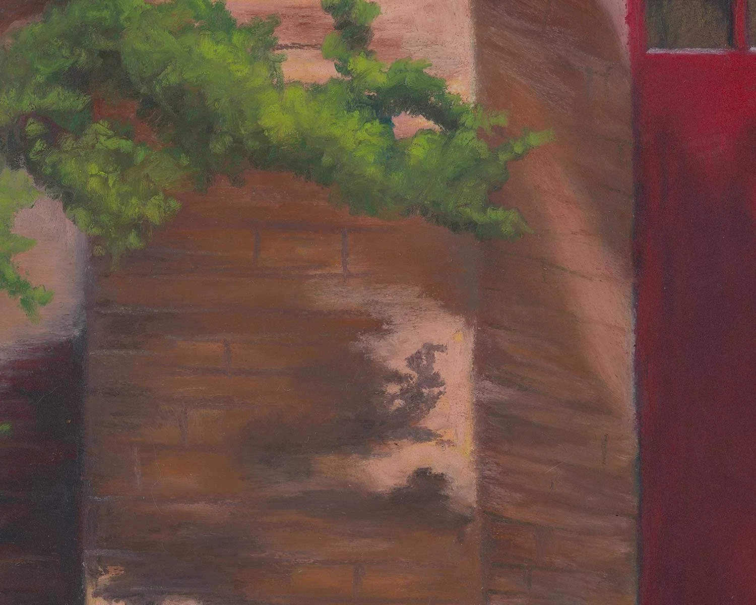 A close up of an oil pastel painting of a red door into a brick building.