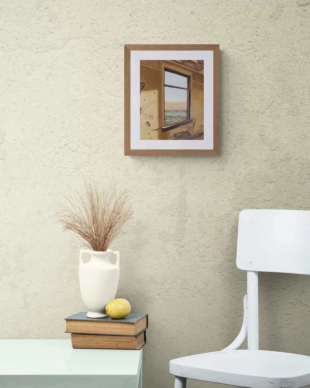 A framed oil pastel painting of the view out a window in an abandoned house.