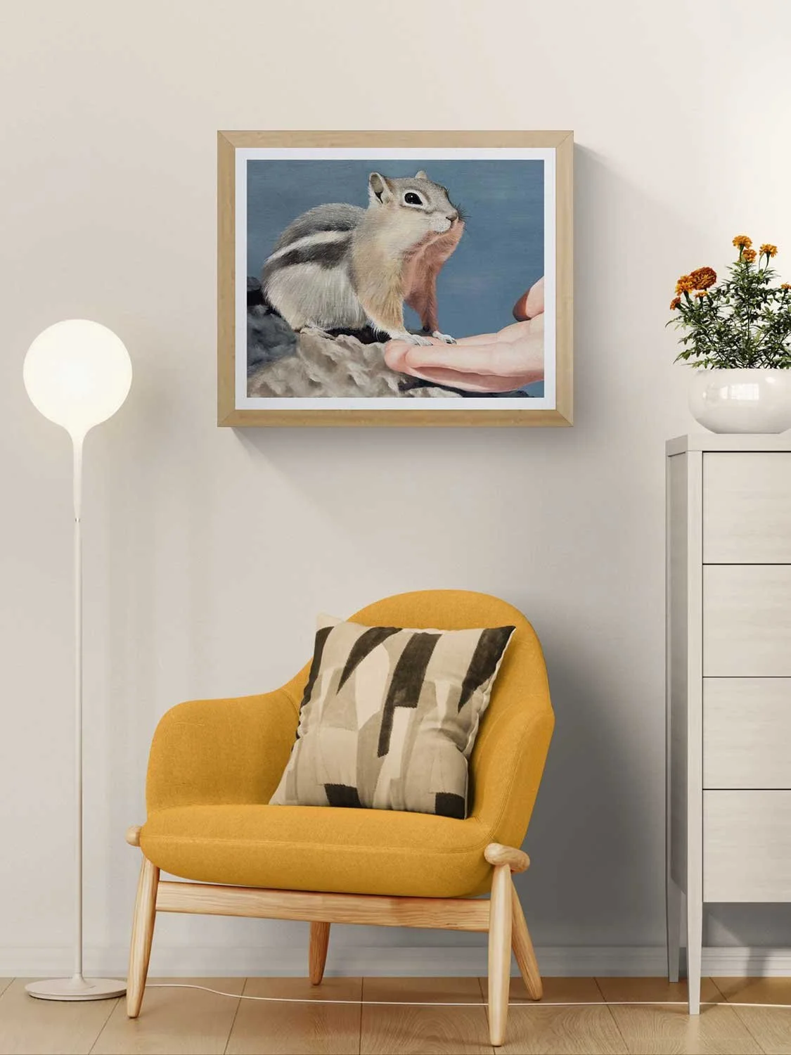A framed giclée fine art print of an oil painting of a chipmunk at Sapphire Point in Summit County, Colorado.