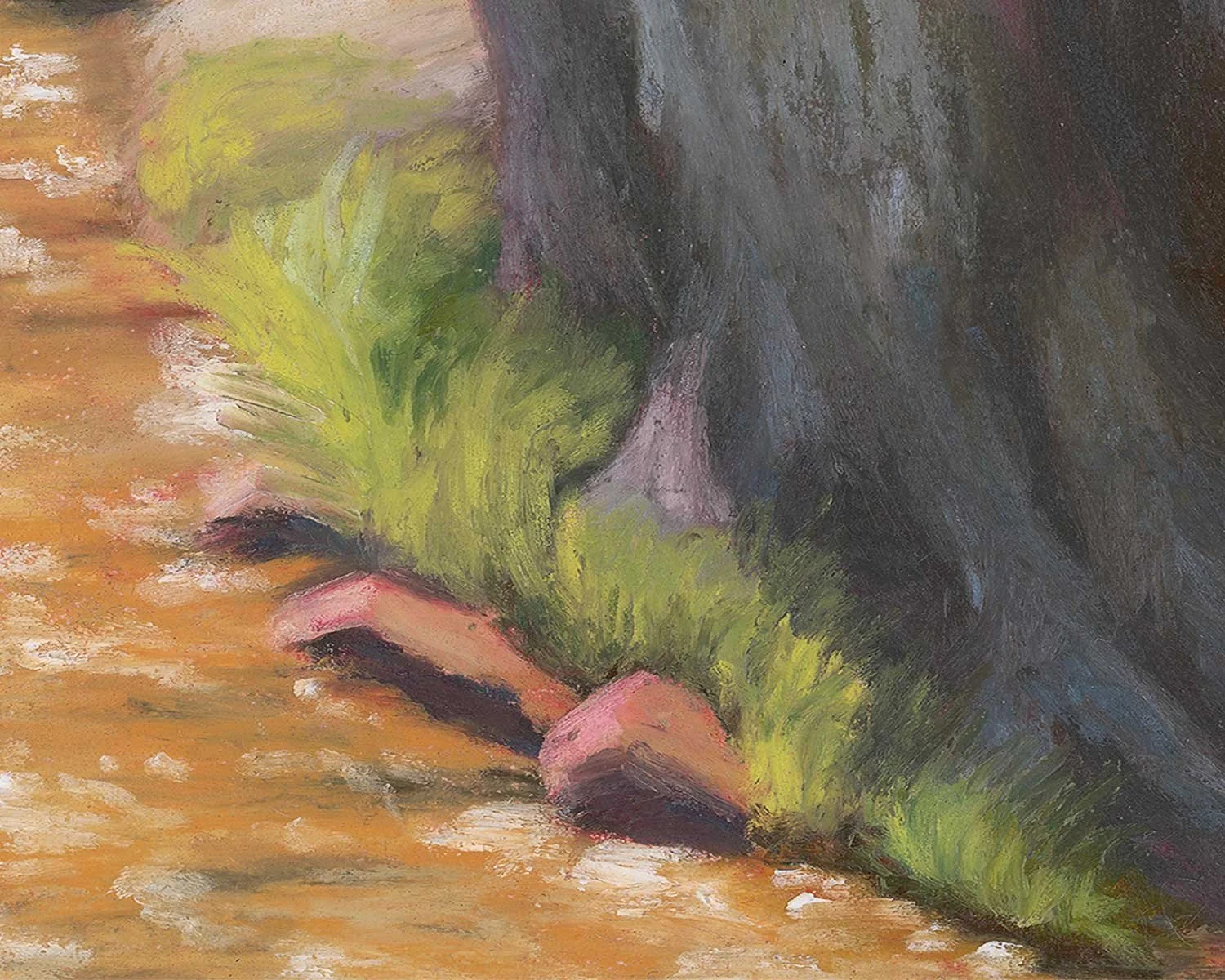 A close up of an oil pastel painting of a group of trees by a stream in Vail, Colorado.