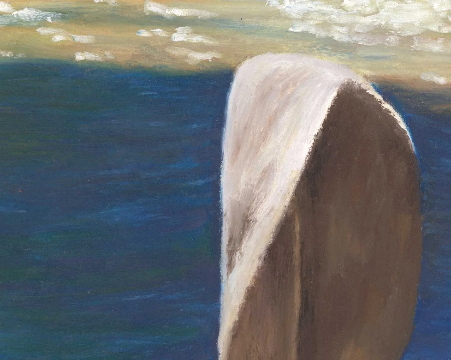 A close up of an oil pastel painting of rock balancing in a river near Vail, Colorado.