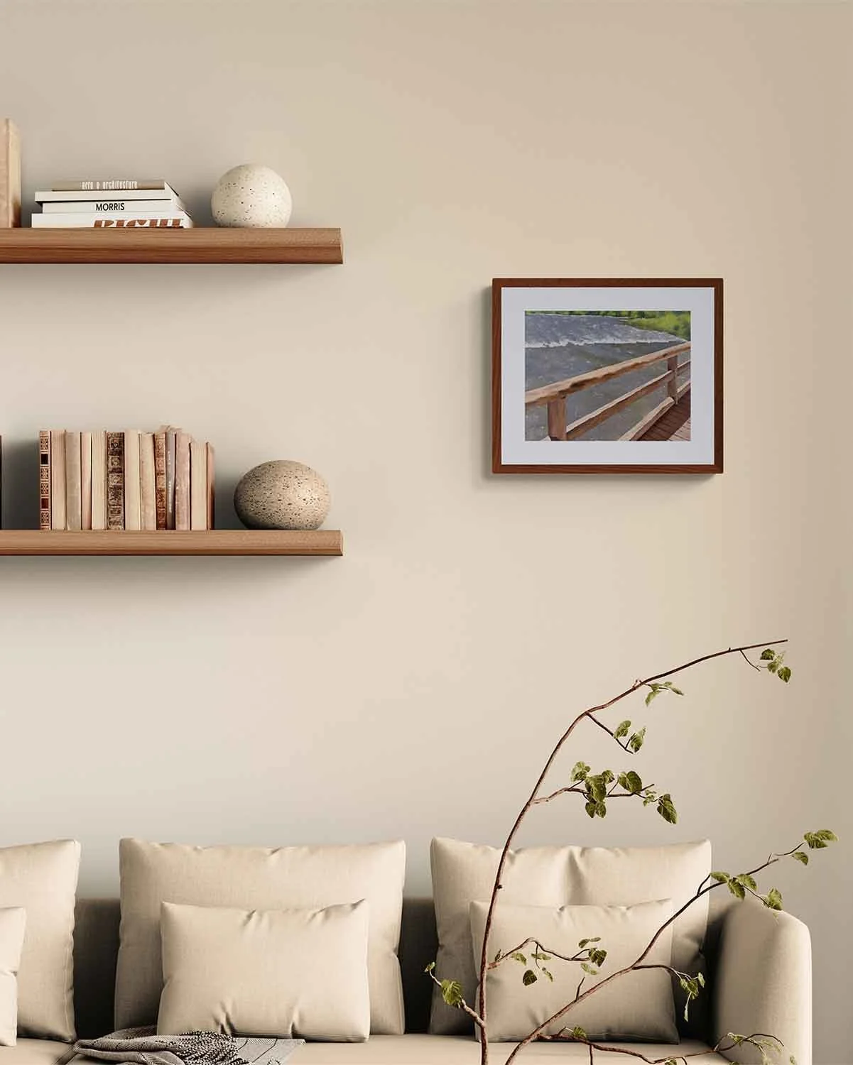 A framed oil painting of a bridge over Jenny Lake in Grand Teton National Park.