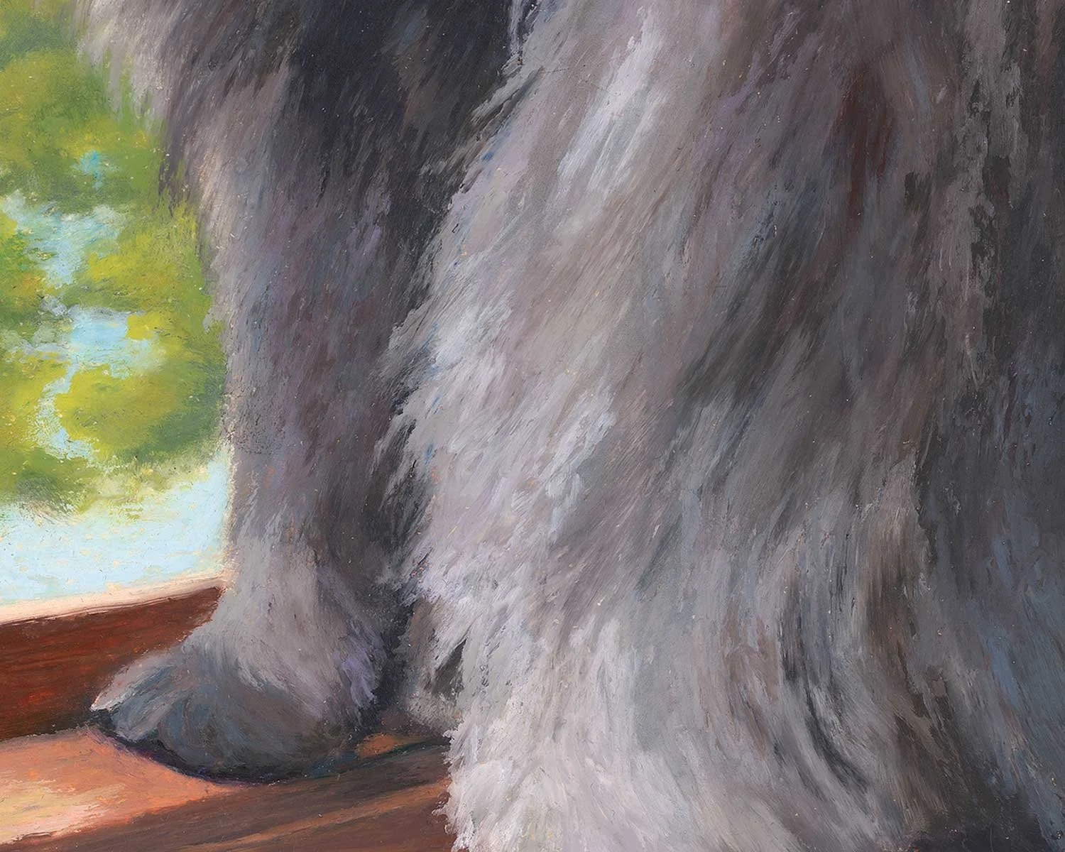 A close up of an oil pastel painting of a cat looking out a window.