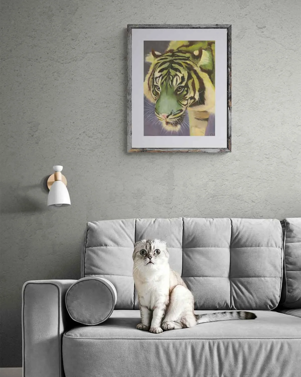 A framed oil pastel painting of a green and yellow tiger.