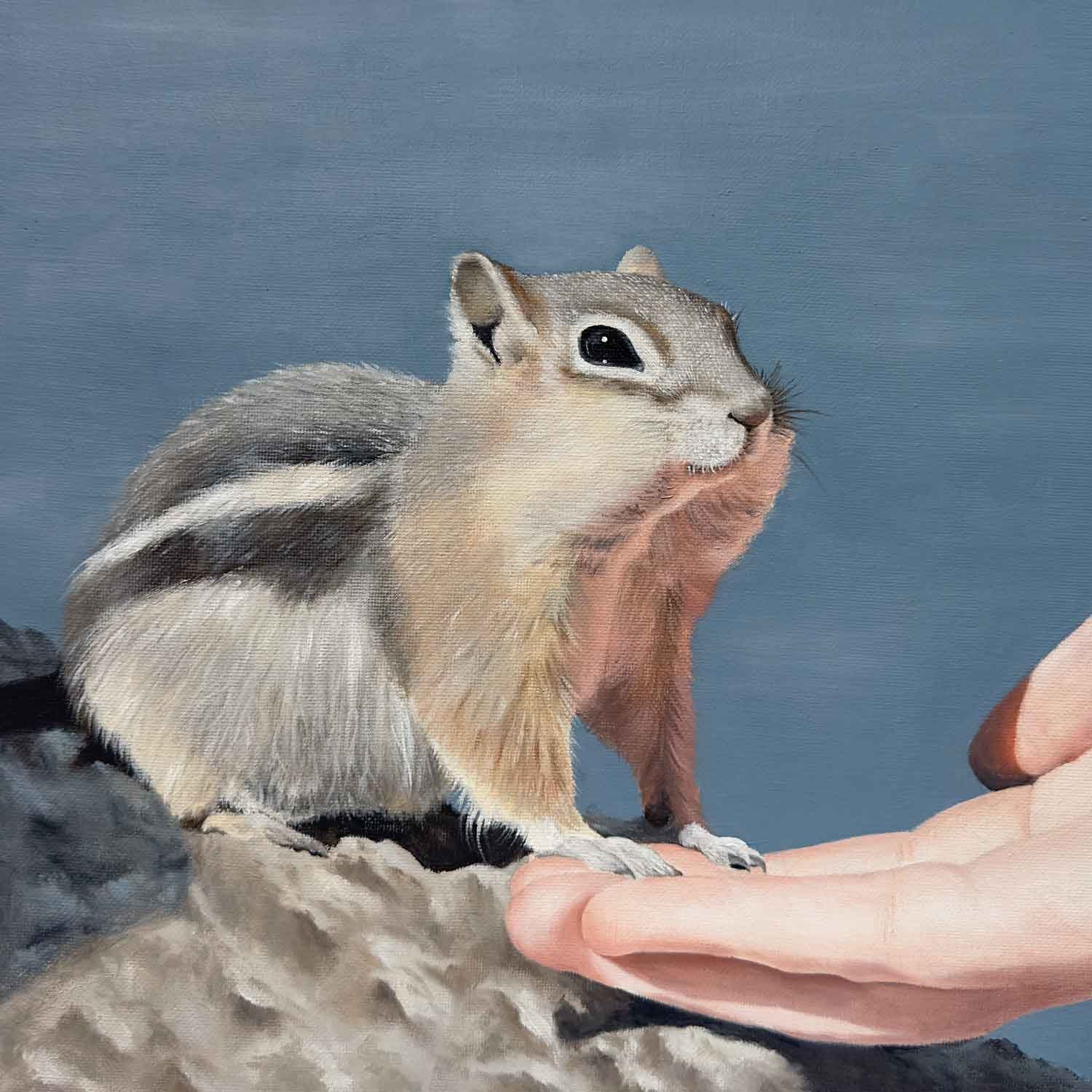 An original oil painting of a chipmunk at Sapphire Point in Summit County, Colorado.